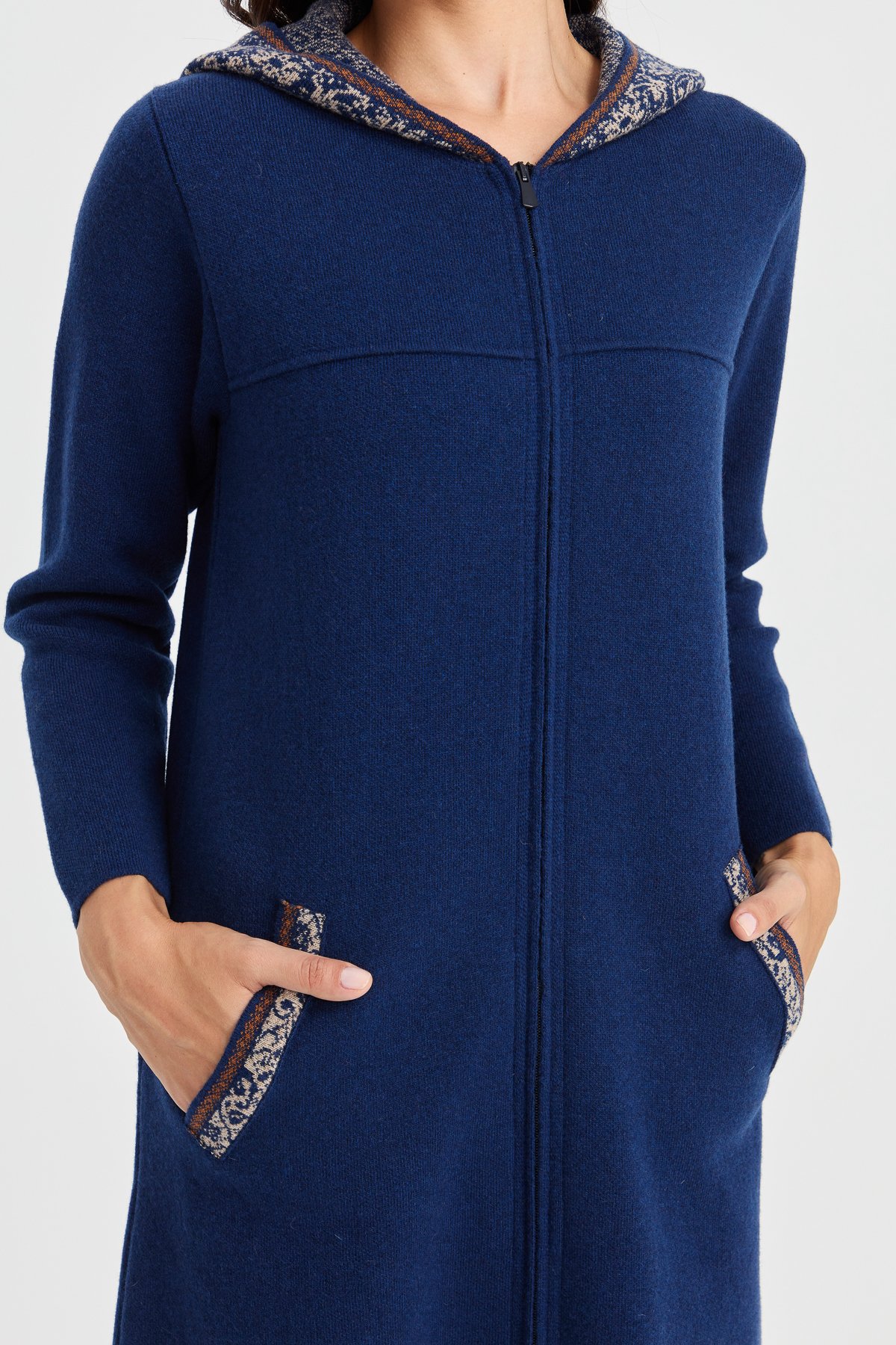 22156Kadın Kapüşonlu Yün Kaban İndigo