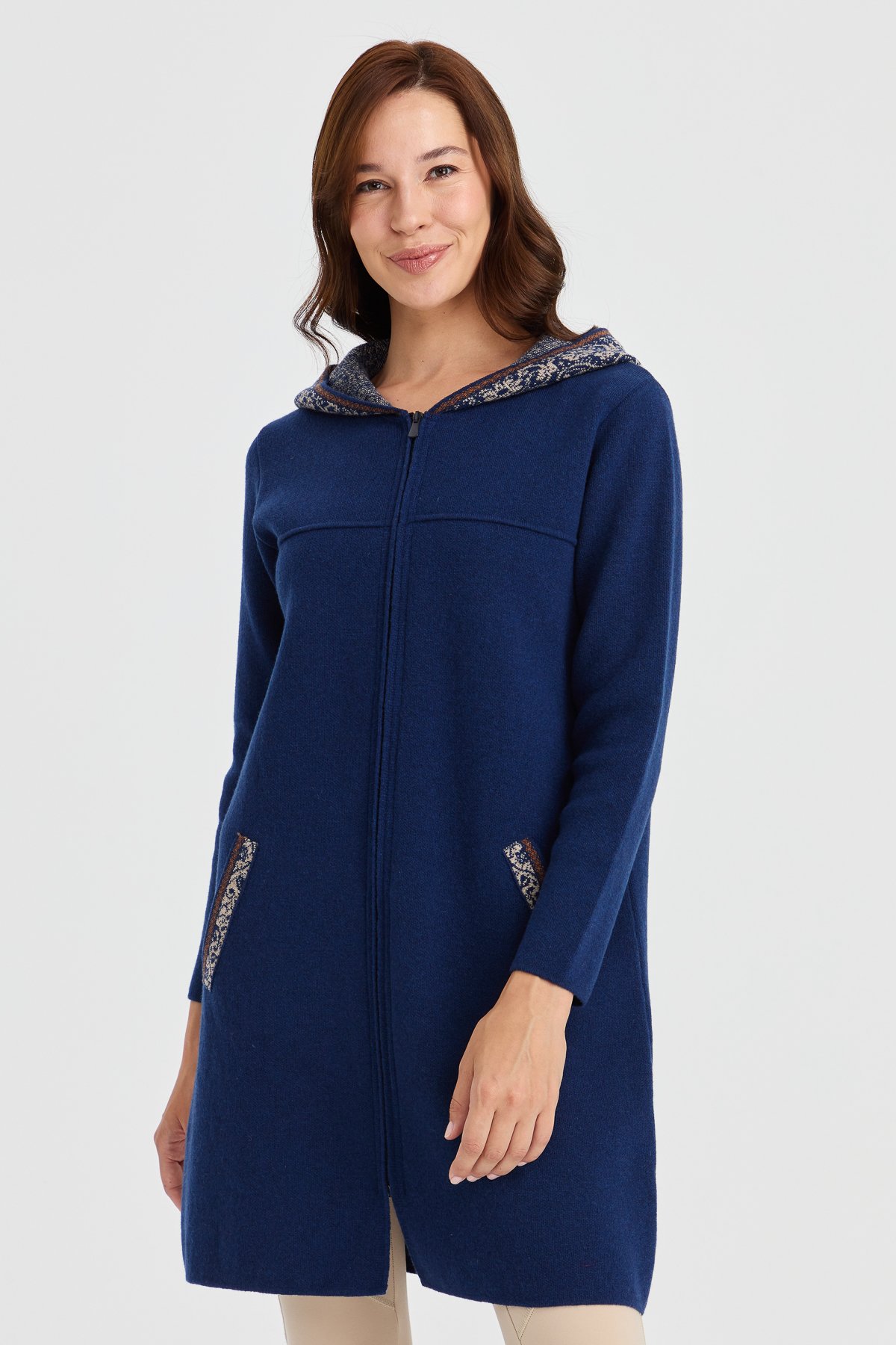 22156Kadın Kapüşonlu Yün Kaban İndigo