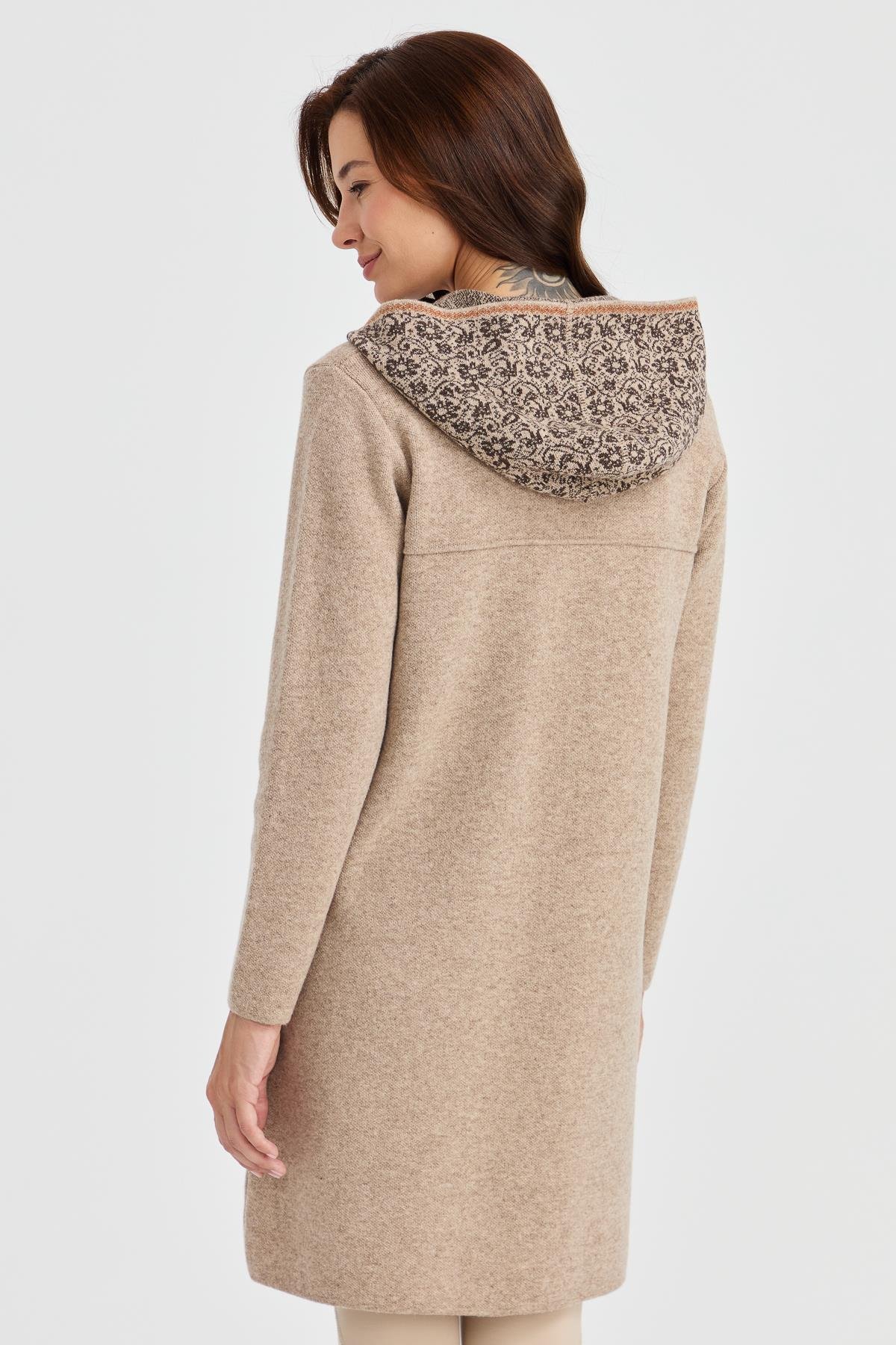 22156Kadın Kapüşonlu Yün Kaban K.Bej
