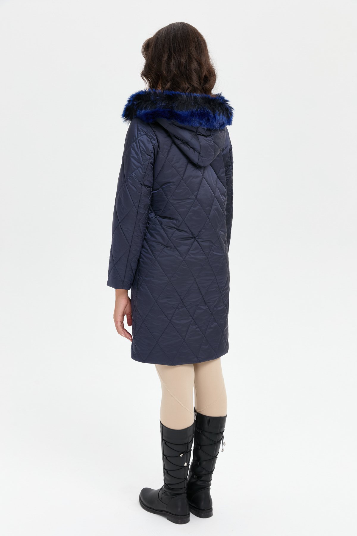 24410Kadın Kapüşonu Kürklü Baklava Desenli Kapitone Kaban Lacivert