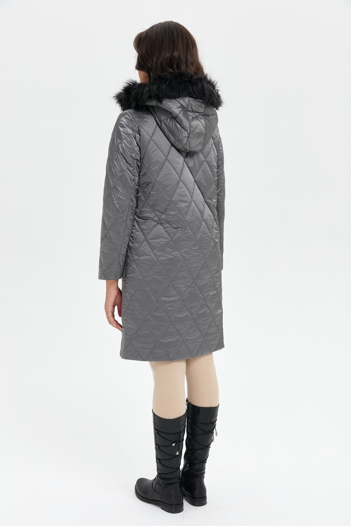 24410Kadın Kapüşonu Kürklü Baklava Desenli Kapitone Kaban Gri