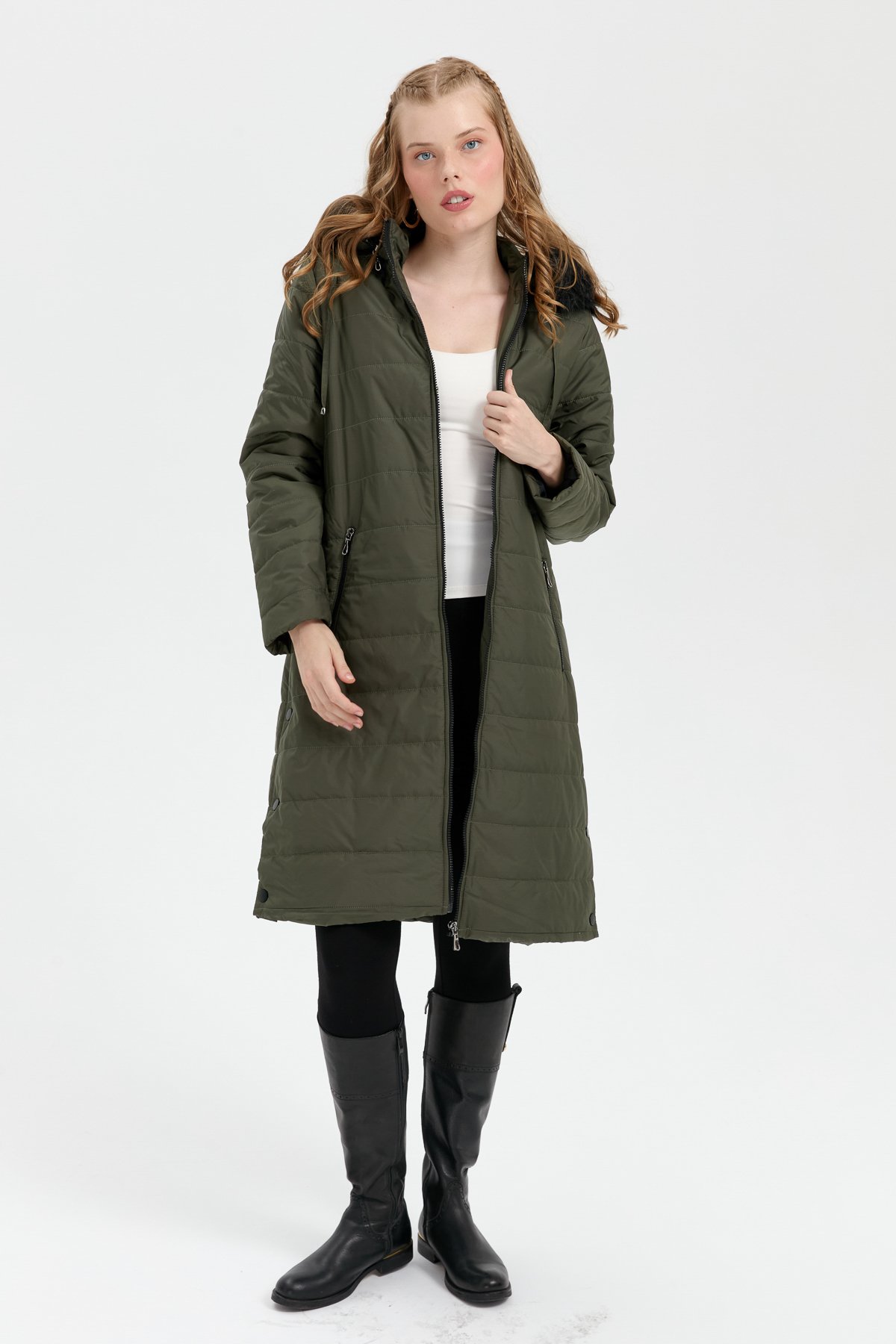 23404Kadın Kapüşonu Kürklü Uzun Kapitone Kaban Yeşil