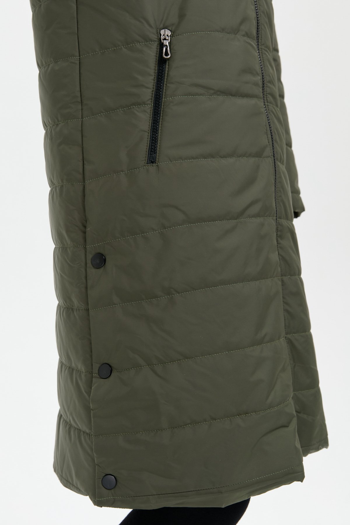 23404Kadın Kapüşonu Kürklü Uzun Kapitone Kaban Yeşil