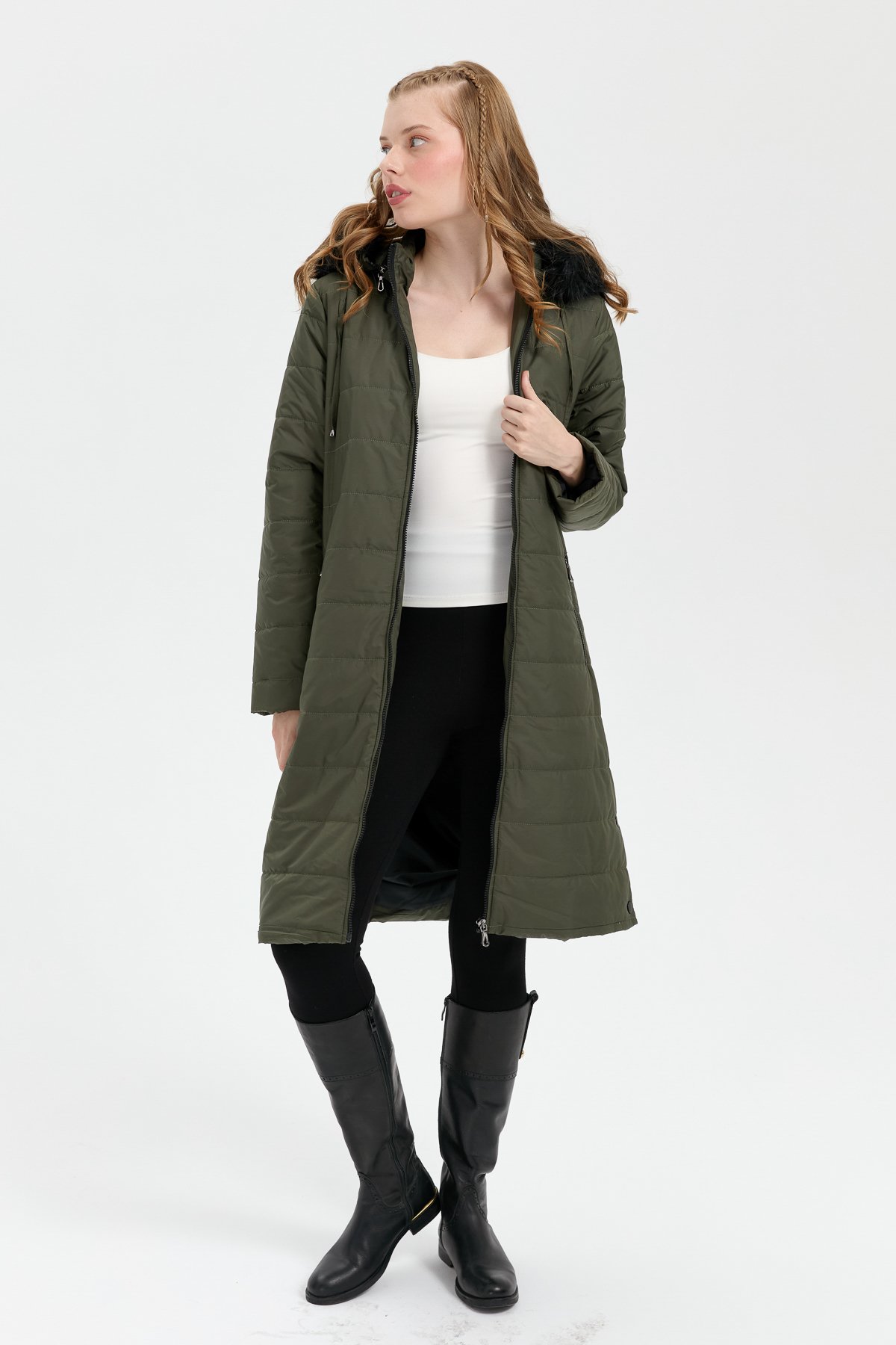 23404Kadın Kapüşonu Kürklü Uzun Kapitone Kaban Yeşil