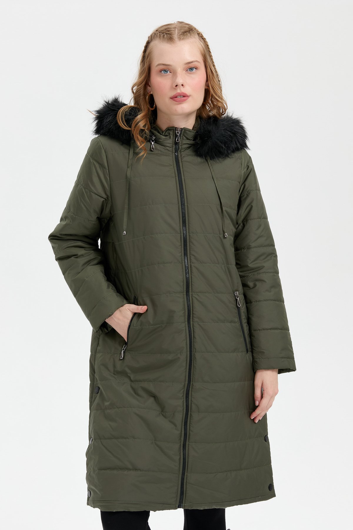 23404Kadın Kapüşonu Kürklü Uzun Kapitone Kaban Yeşil