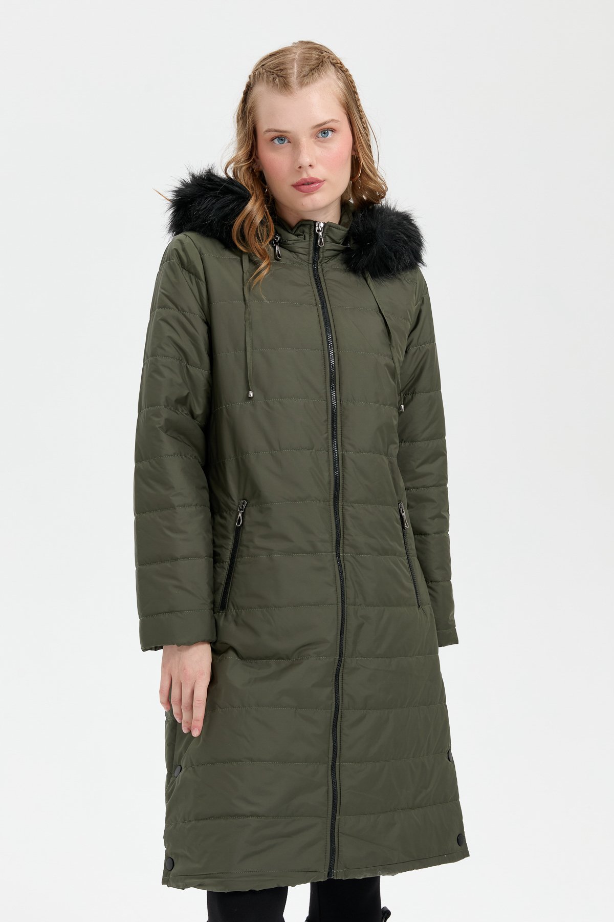 23404Kadın Kapüşonu Kürklü Uzun Kapitone Kaban Yeşil