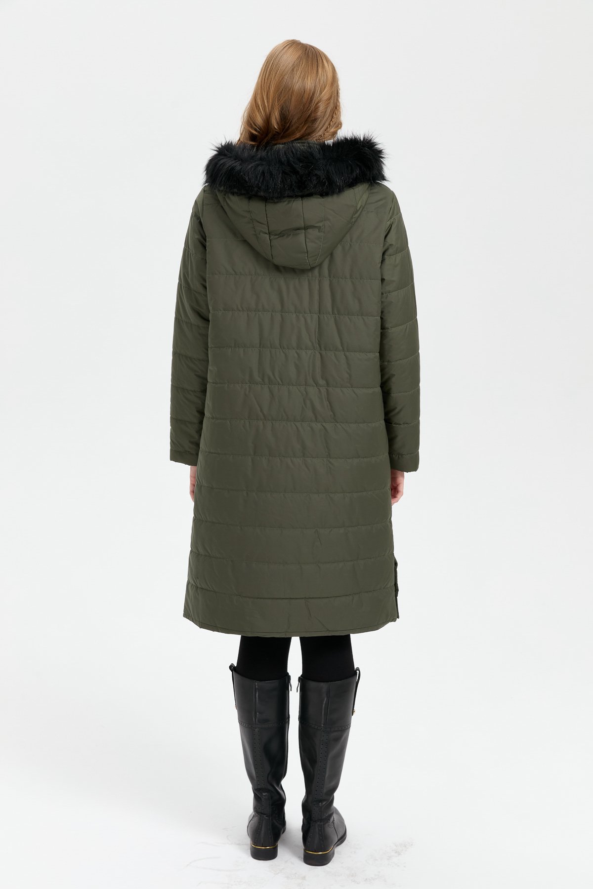 23404Kadın Kapüşonu Kürklü Uzun Kapitone Kaban Yeşil