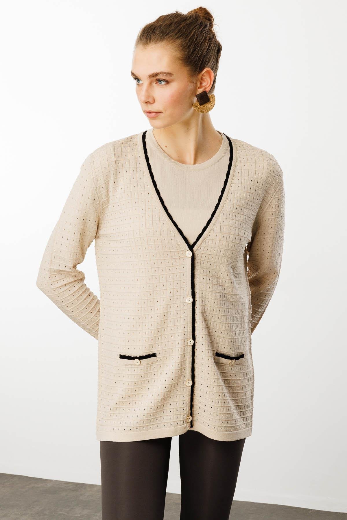 25355Kadın Kare Örgülü Yazlık Triko Hırka Bej