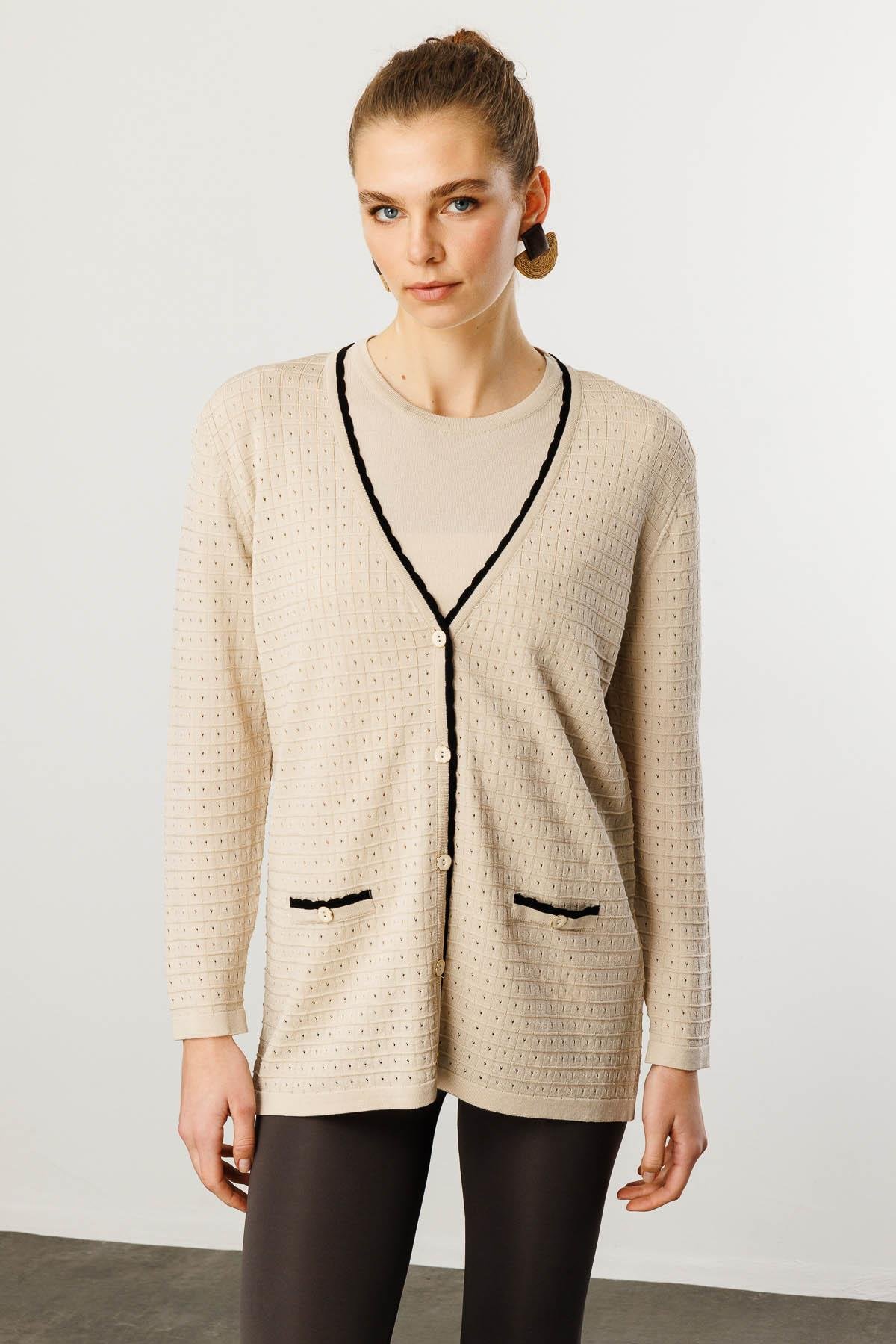 25355Kadın Kare Örgülü Yazlık Triko Hırka Bej