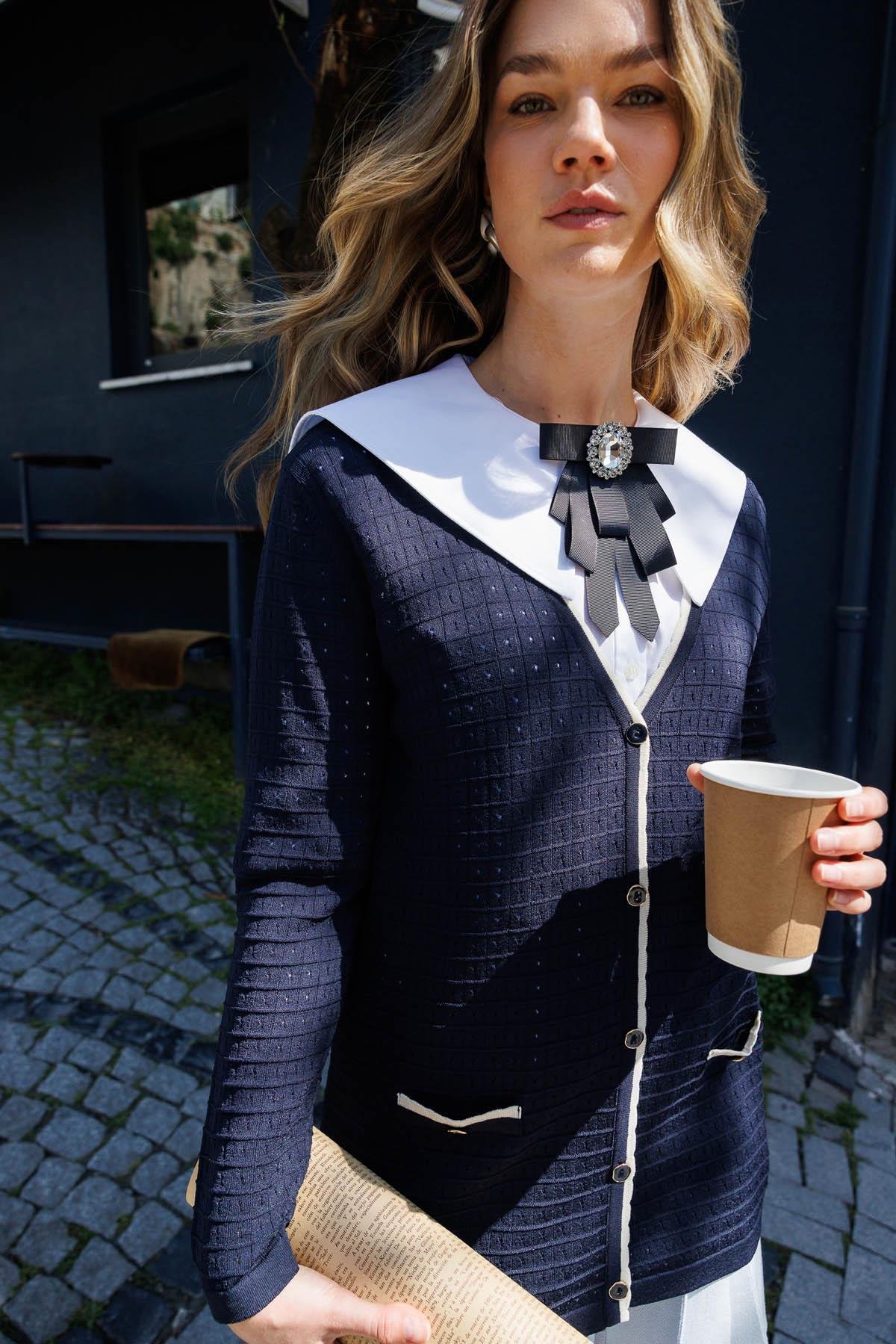 25355Kadın Kare Örgülü Yazlık Triko Hırka Lacivert