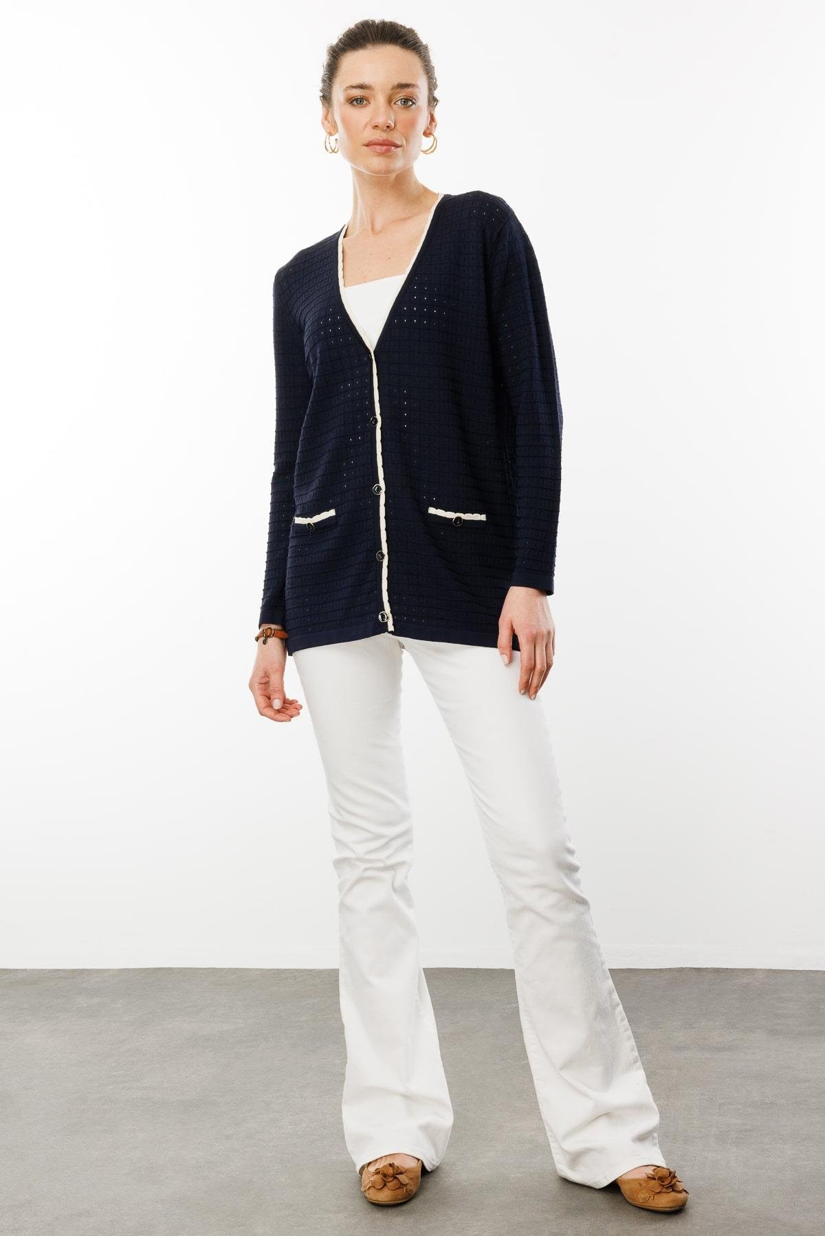 25355Kadın Kare Örgülü Yazlık Triko Hırka Lacivert