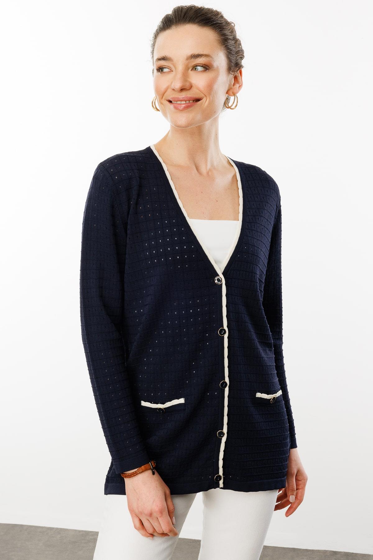 25355Kadın Kare Örgülü Yazlık Triko Hırka Lacivert