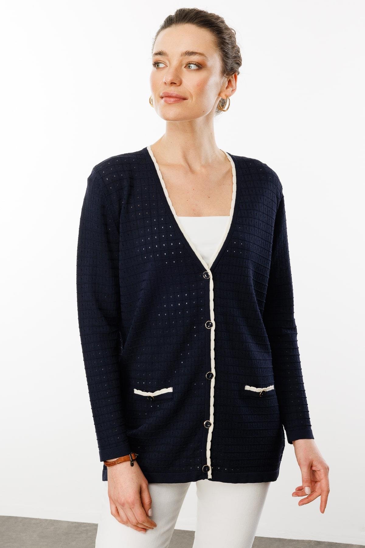 25355Kadın Kare Örgülü Yazlık Triko Hırka Lacivert