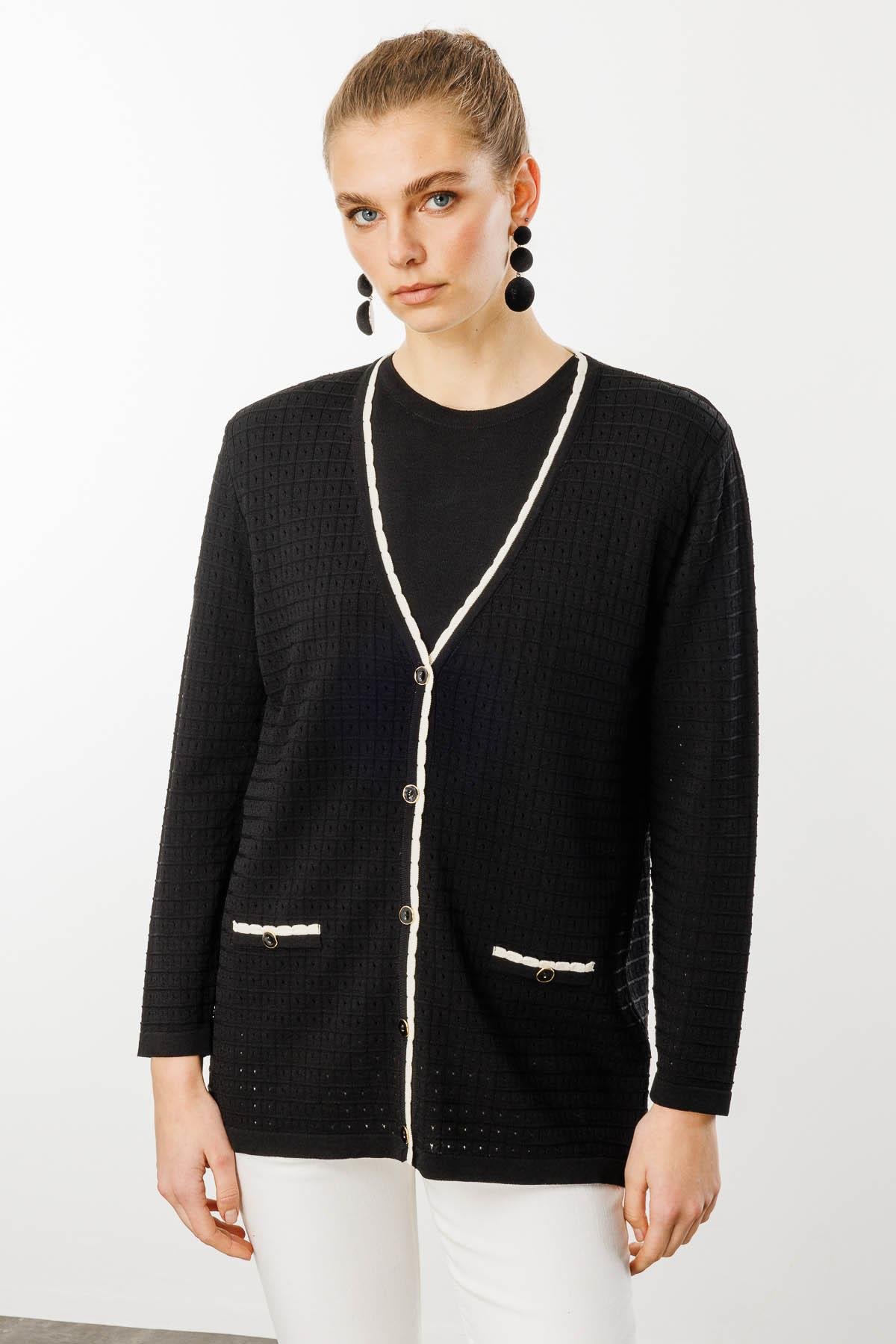 25355Kadın Kare Örgülü Yazlık Triko Hırka Siyah