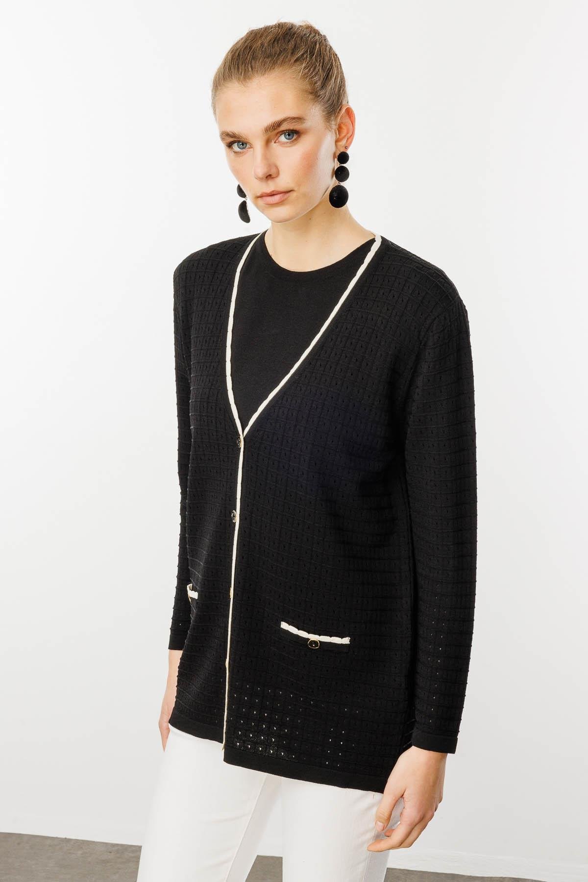 25355Kadın Kare Örgülü Yazlık Triko Hırka Siyah