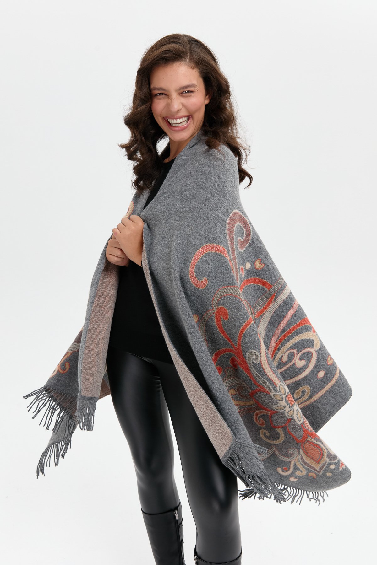 24029Kadın Karışık Büyük Çiçek Desenli Battal Boy Şal Füme_Portakal Sim