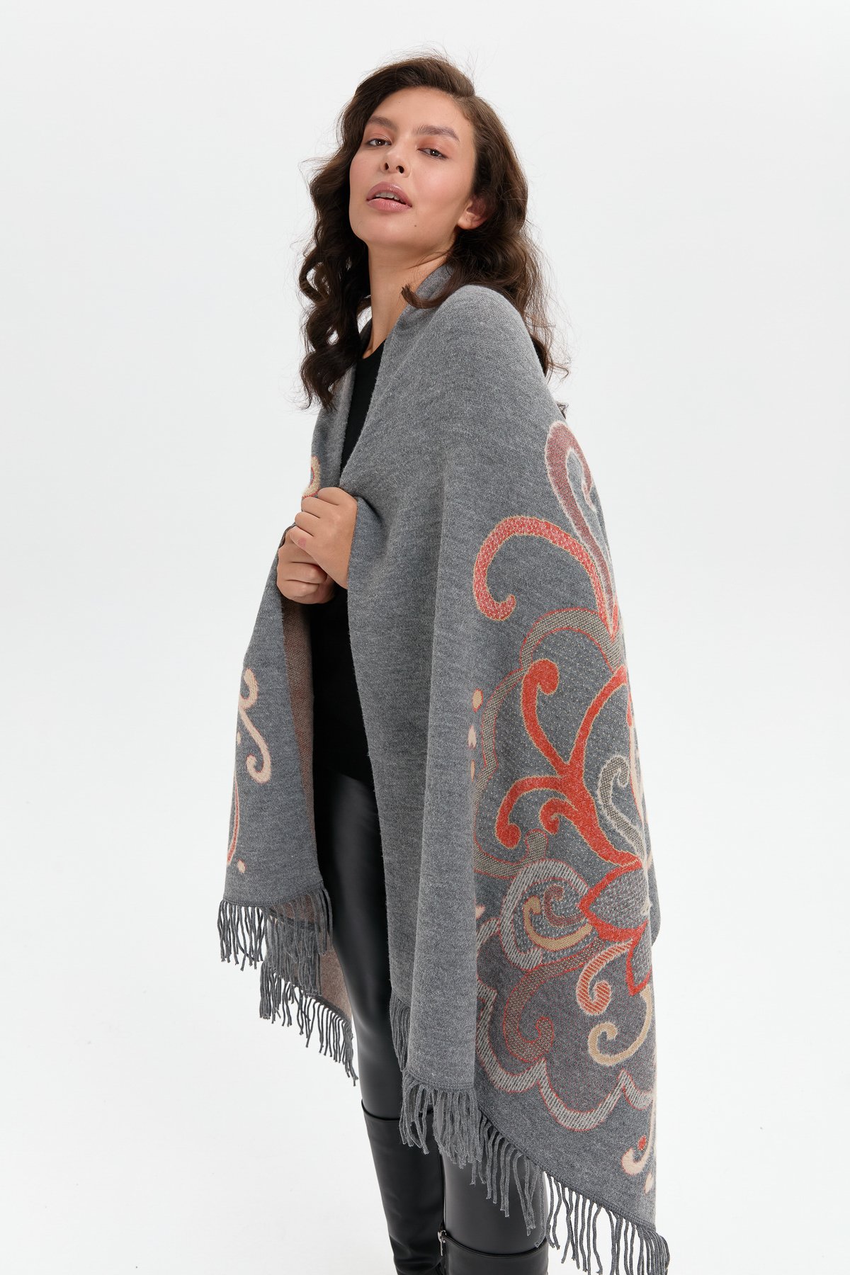 24029Kadın Karışık Büyük Çiçek Desenli Battal Boy Şal Füme_Portakal Sim