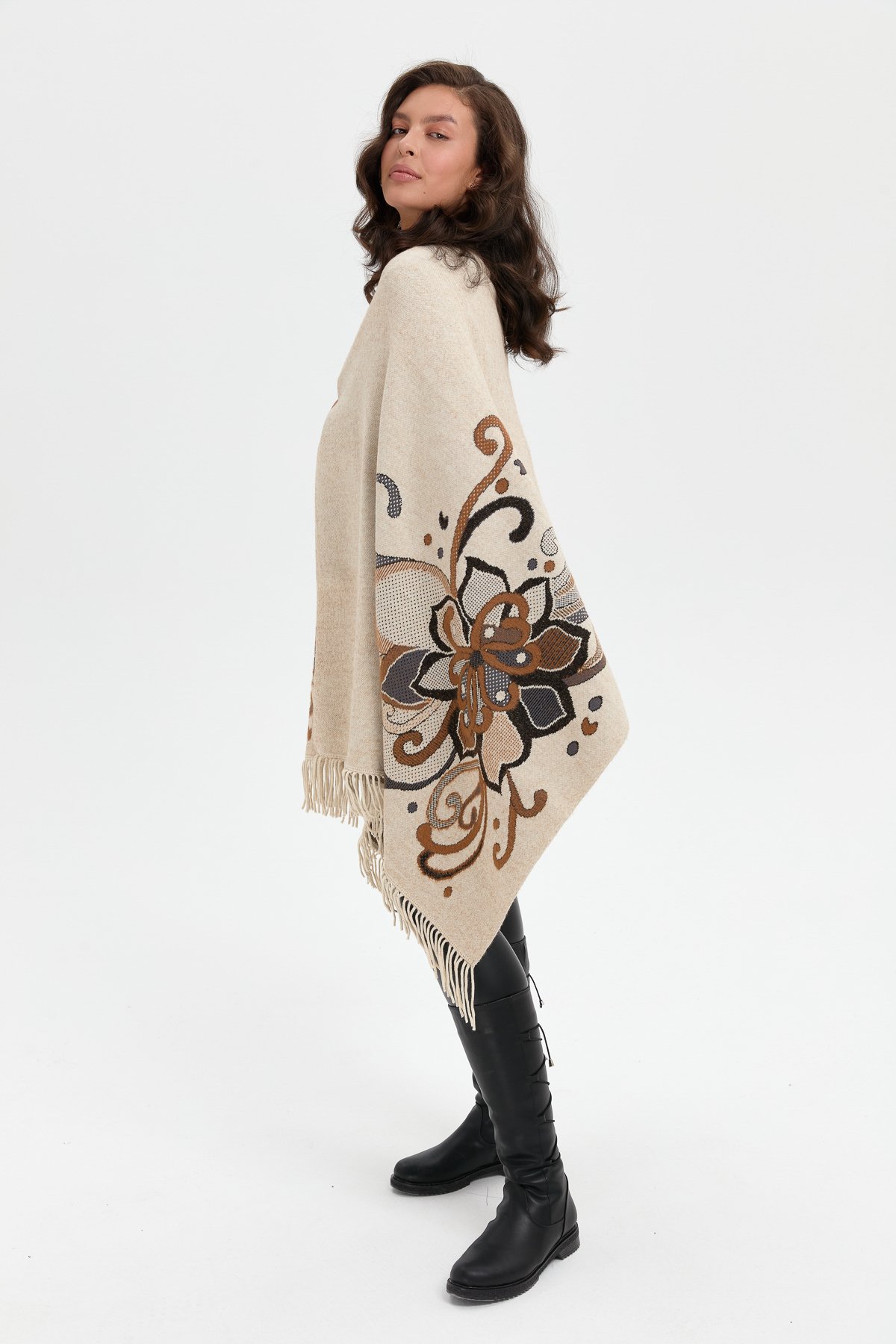 24029Kadın Karışık Büyük Çiçek Desenli Battal Boy Şal T.Melanj_Siyah Sim