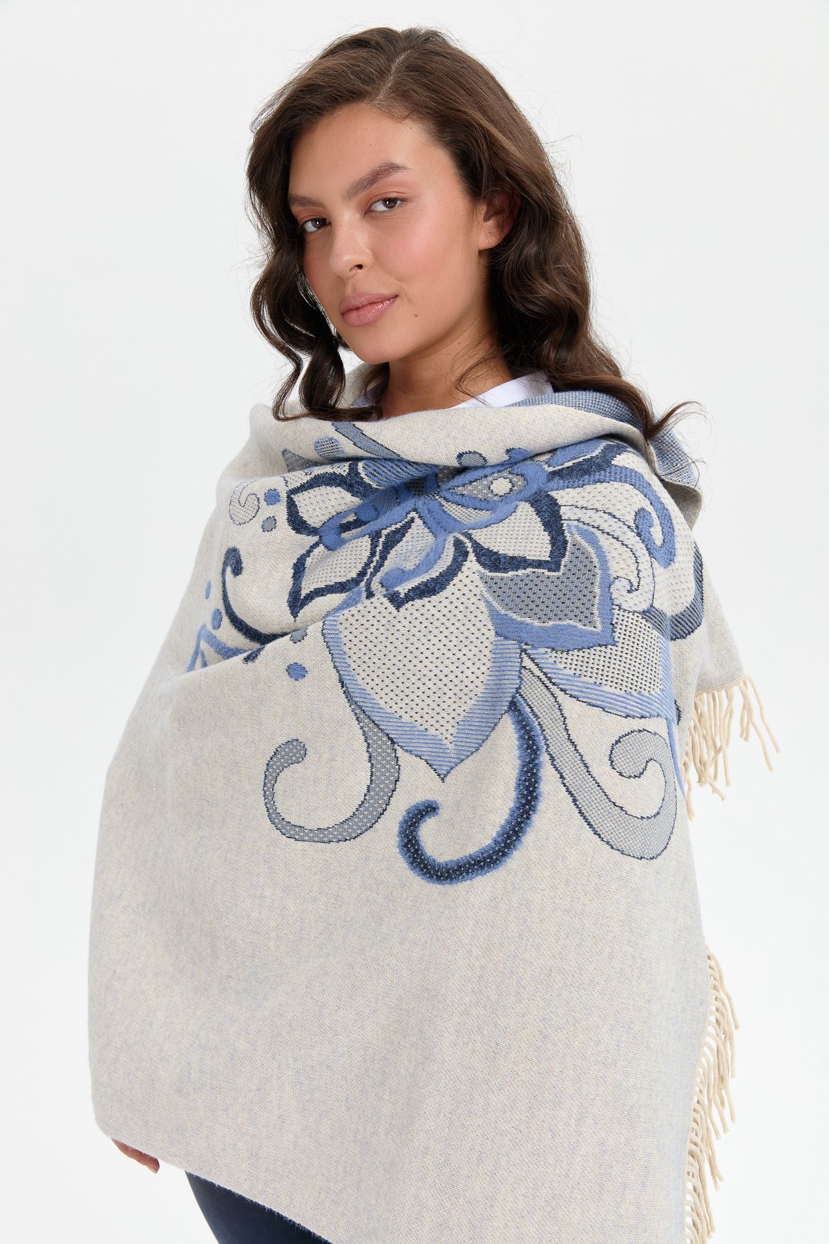 24029Kadın Karışık Büyük Çiçek Desenli Battal Boy Şal T.Melanj_Laci Gümüş Sim