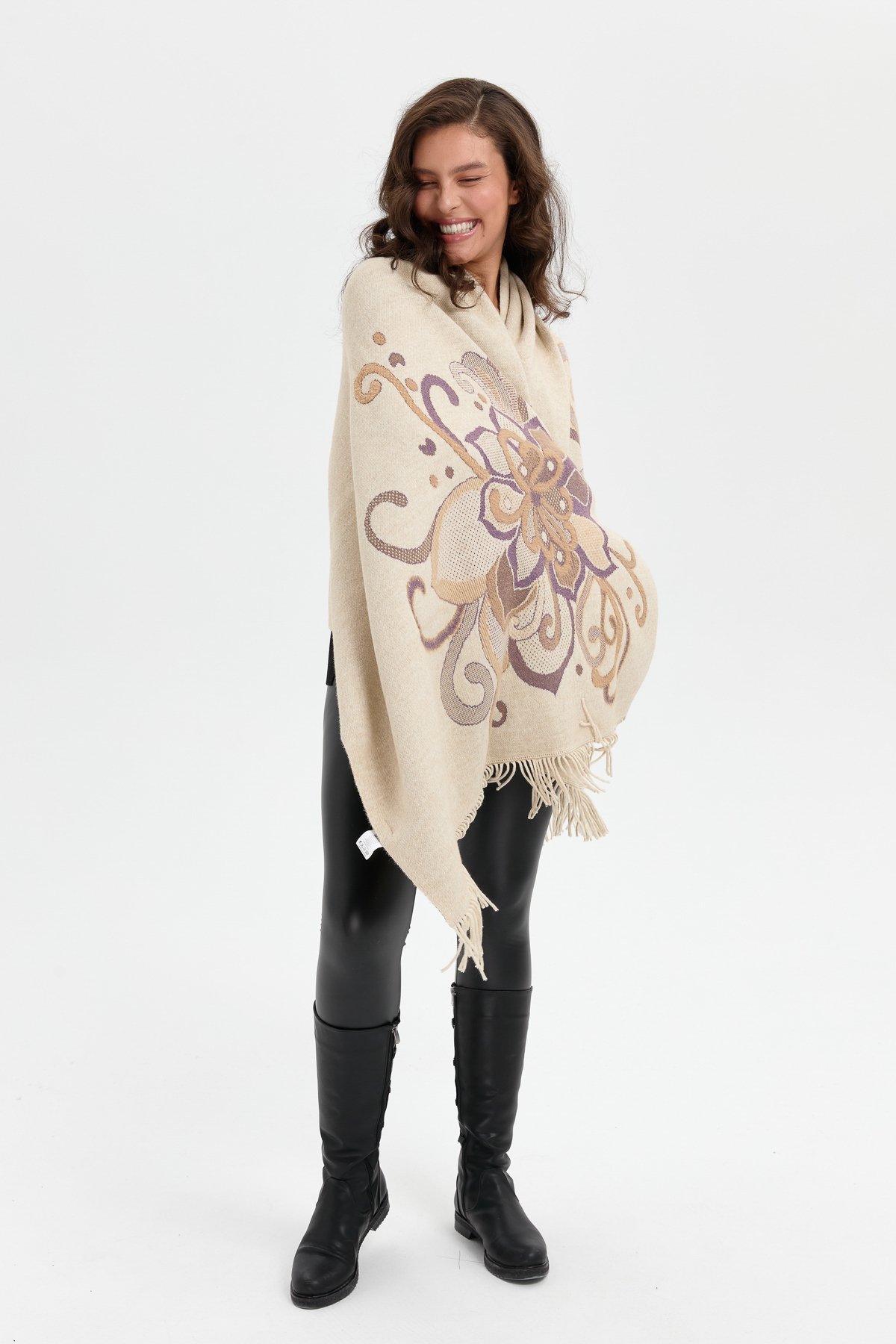 24029Kadın Karışık Büyük Çiçek Desenli Battal Boy Şal T.Melanj_Mor Sarı Sim