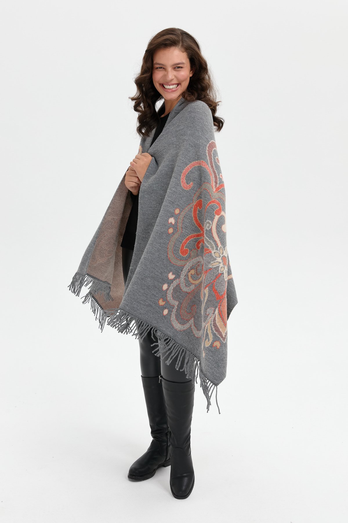 24029Kadın Karışık Büyük Çiçek Desenli Battal Boy Şal Füme_Portakal Sim