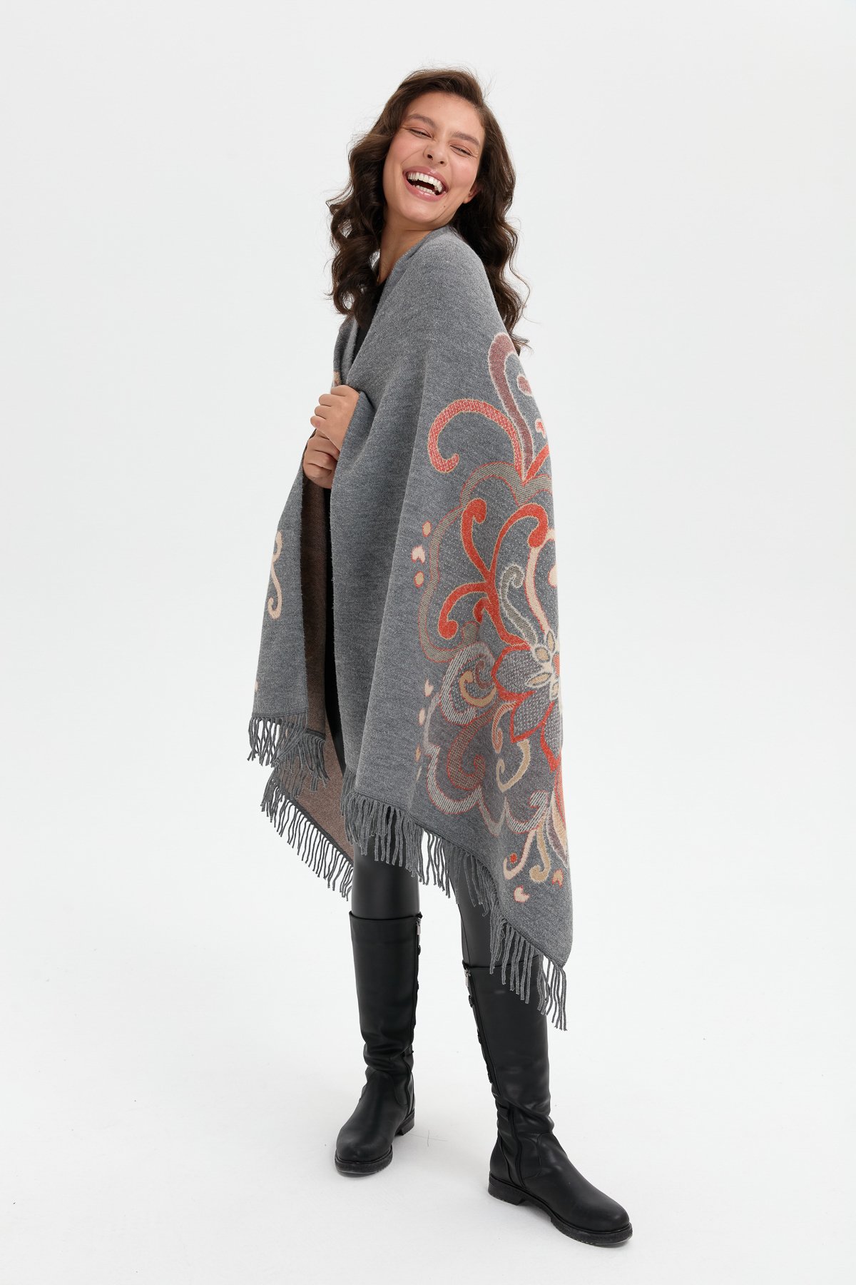 24029Kadın Karışık Büyük Çiçek Desenli Battal Boy Şal Füme_Portakal Sim