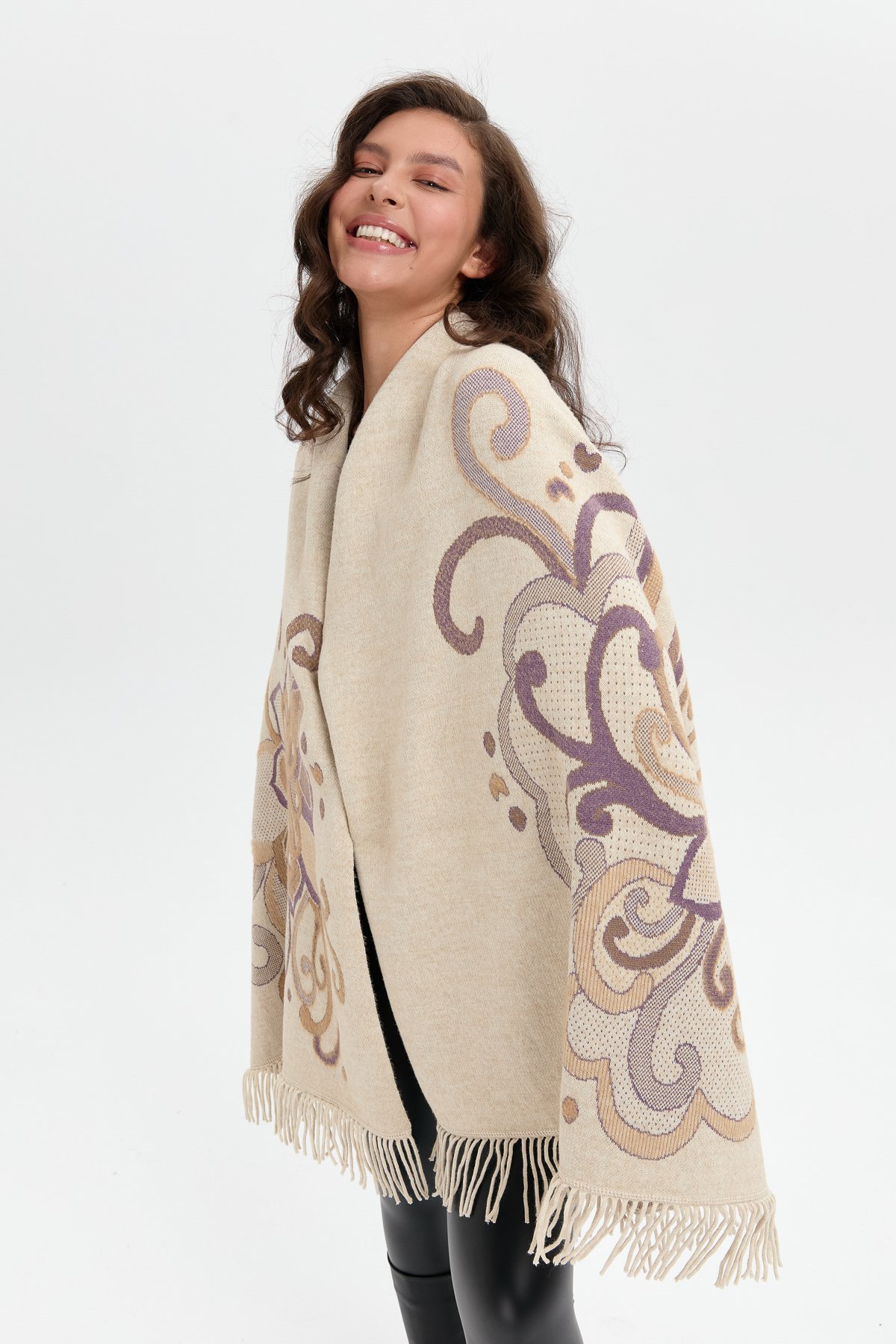 24029Kadın Karışık Büyük Çiçek Desenli Battal Boy Şal T.Melanj_Mor Sarı Sim