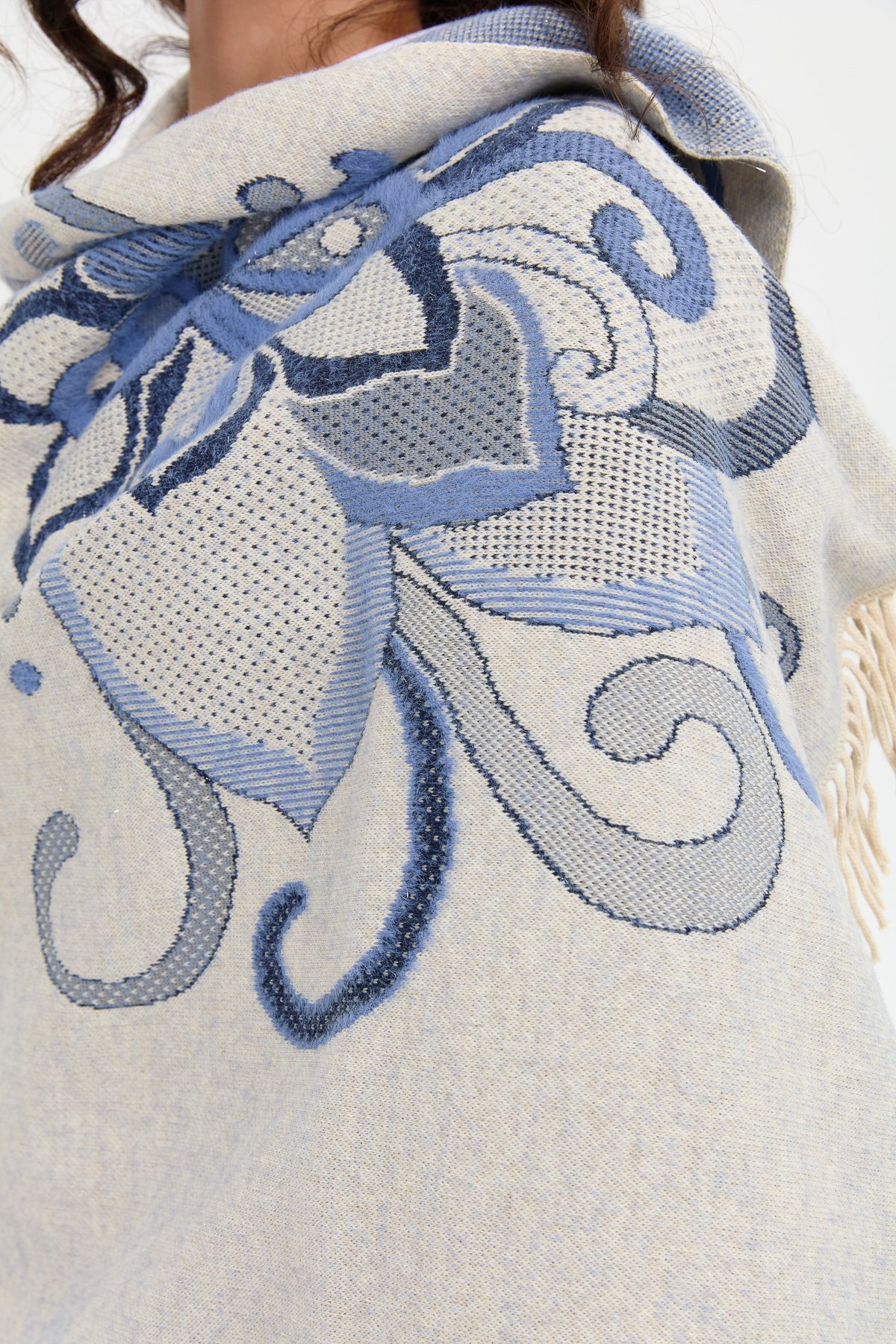 24029Kadın Karışık Büyük Çiçek Desenli Battal Boy Şal T.Melanj_Laci Gümüş Sim