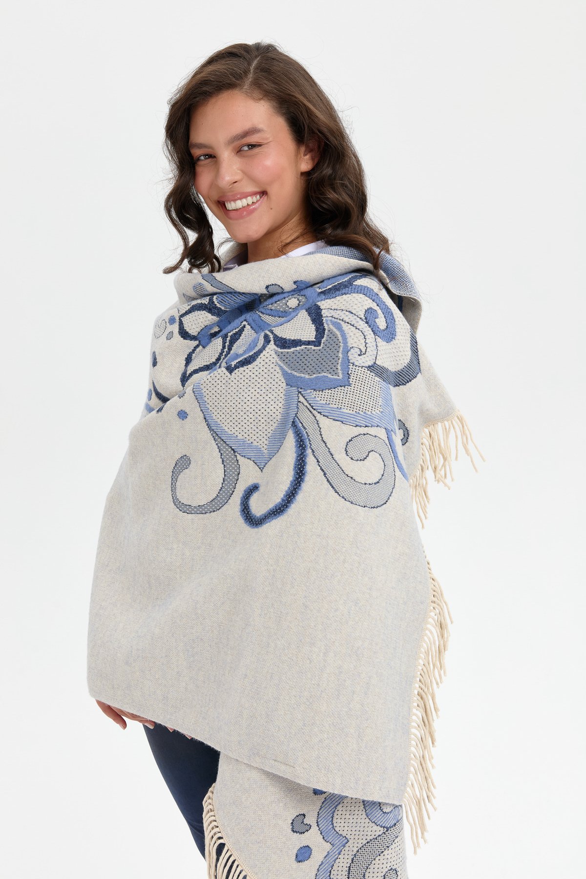 24029Kadın Karışık Büyük Çiçek Desenli Battal Boy Şal T.Melanj_Laci Gümüş Sim