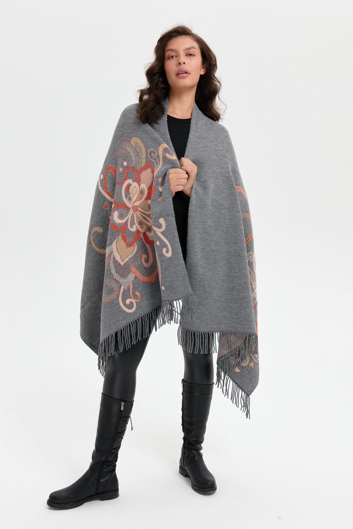 24029Kadın Karışık Büyük Çiçek Desenli Battal Boy Şal Füme_Portakal Sim