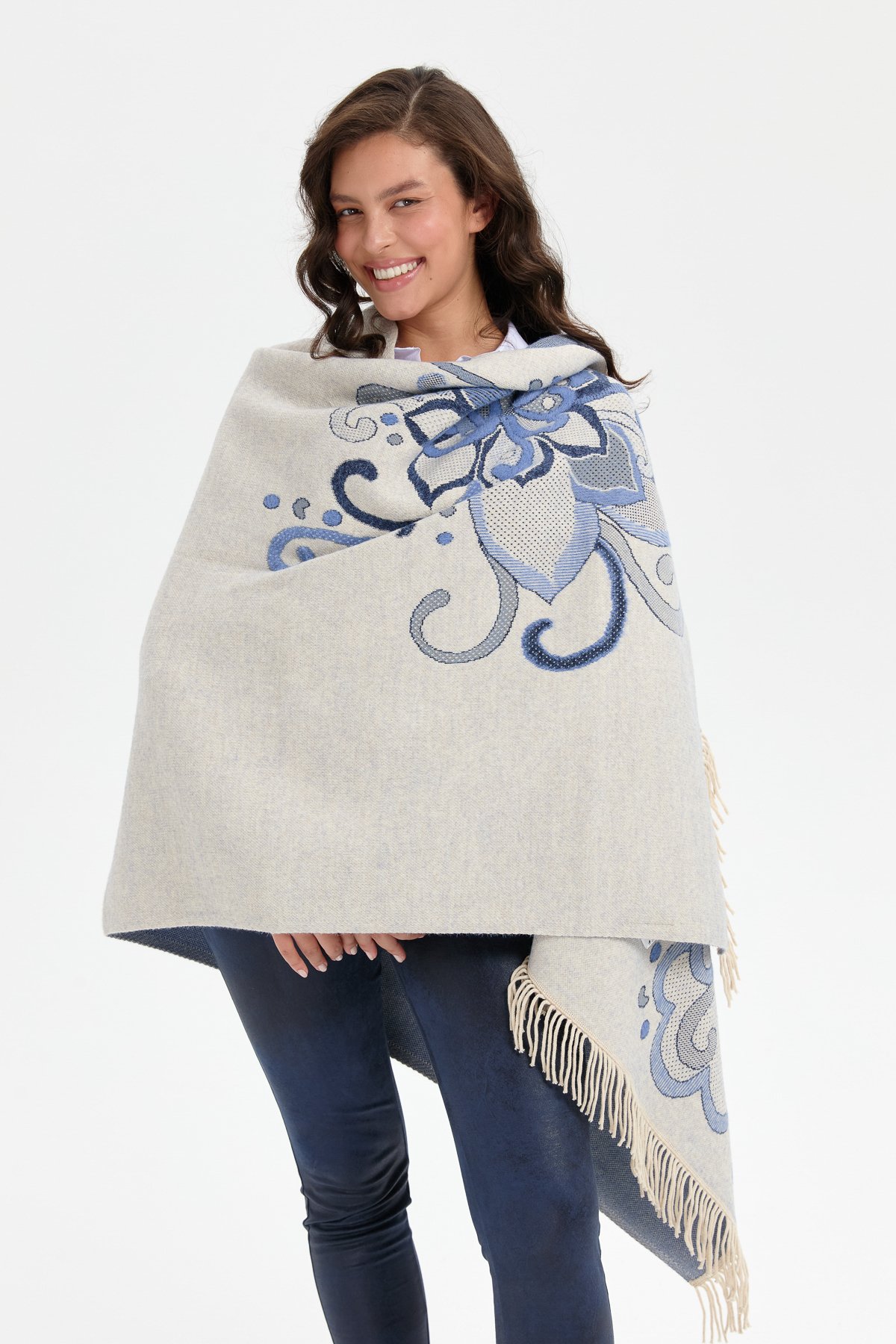 24029Kadın Karışık Büyük Çiçek Desenli Battal Boy Şal T.Melanj_Laci Gümüş Sim