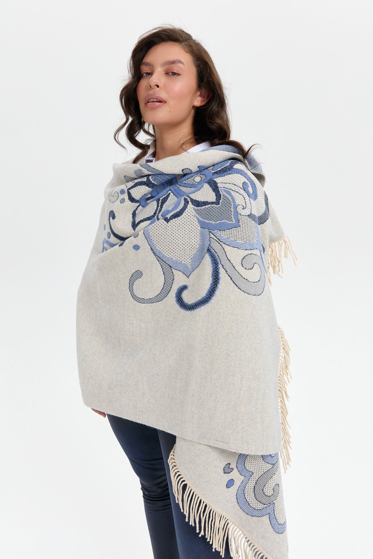 24029Kadın Karışık Büyük Çiçek Desenli Battal Boy Şal T.Melanj_Laci Gümüş Sim