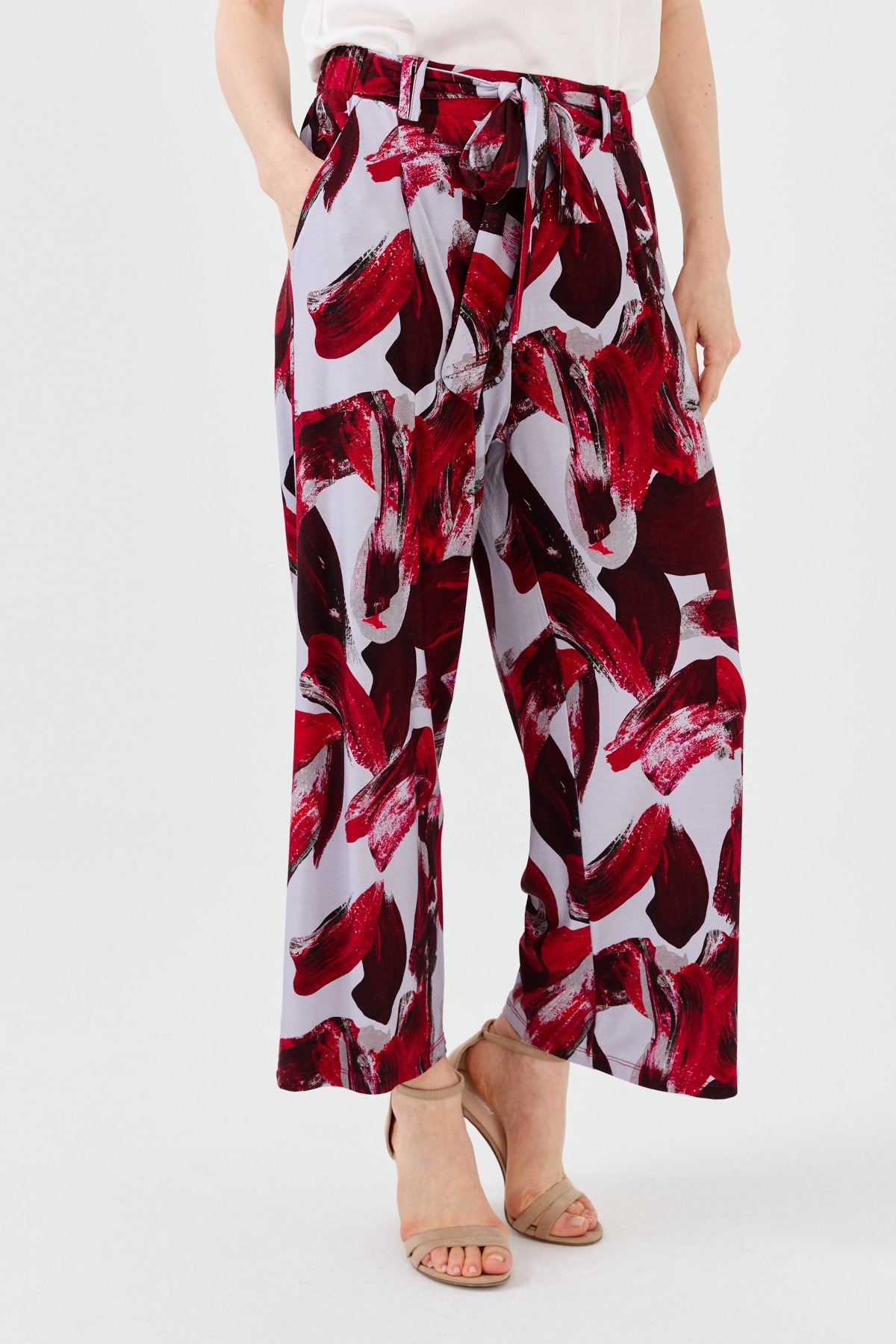 23723Kadın Karışık Desenli Bol Kesim Penye Pantolon Bordo