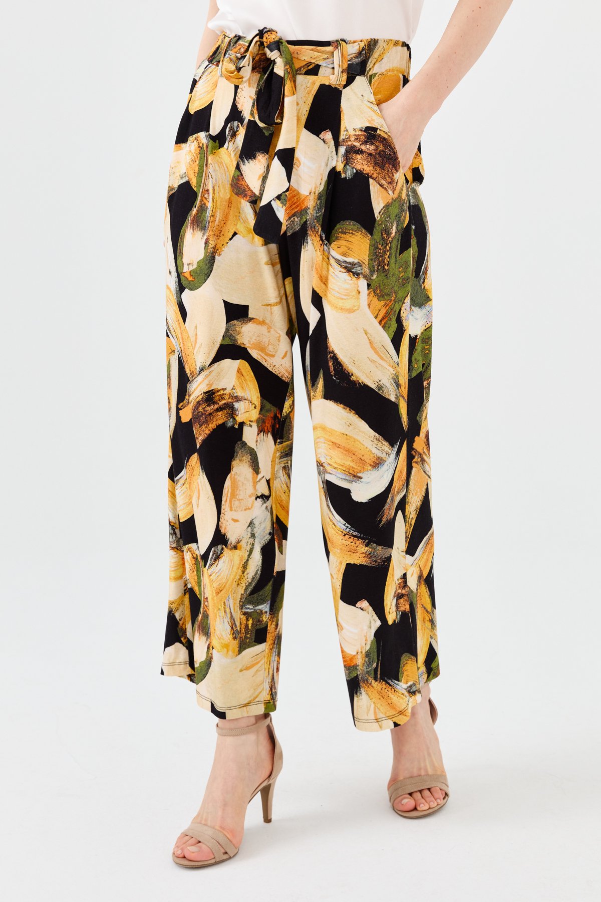 23723Kadın Karışık Desenli Bol Kesim Penye Pantolon Hardal