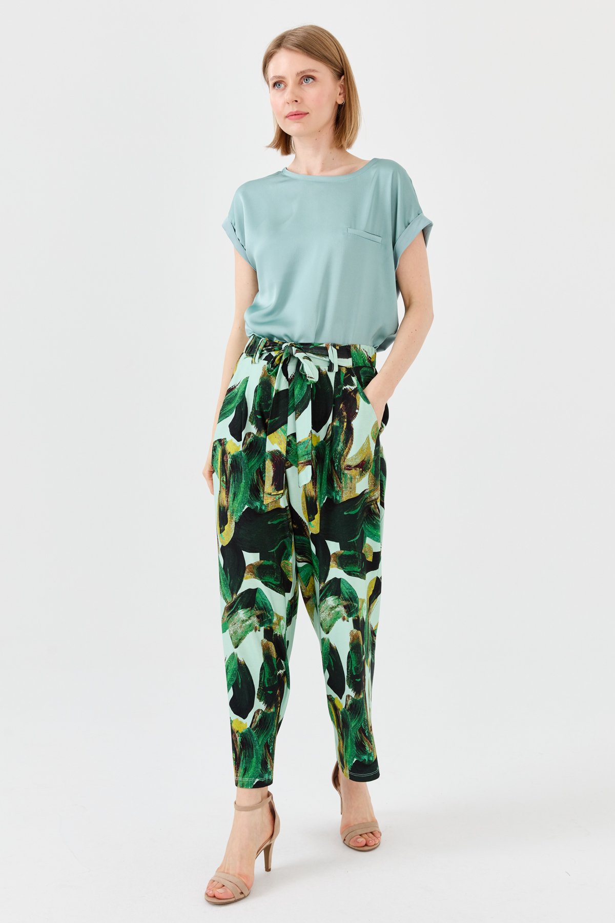 23723Kadın Karışık Desenli Bol Kesim Penye Pantolon Yeşil