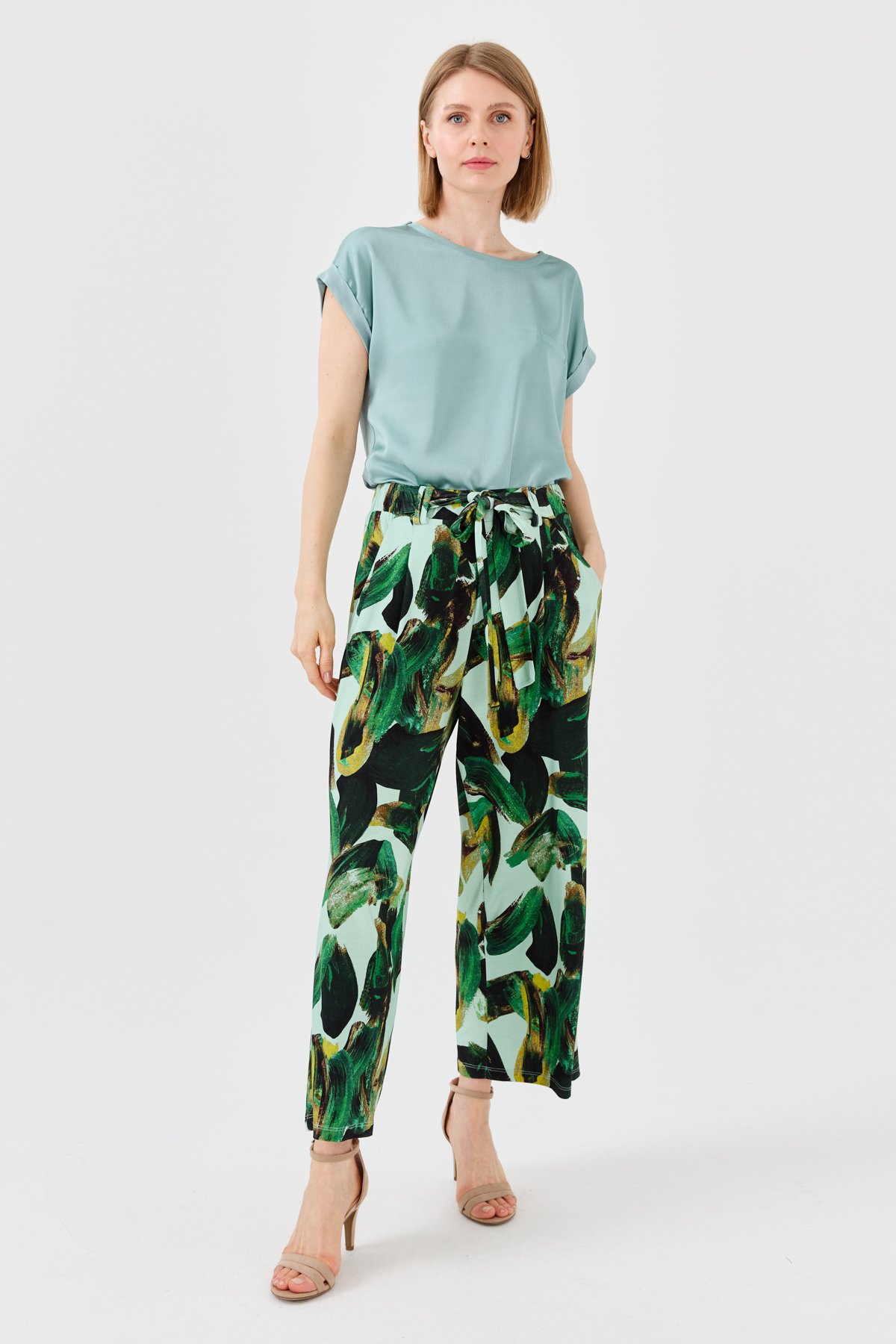 23723Kadın Karışık Desenli Bol Kesim Penye Pantolon Yeşil