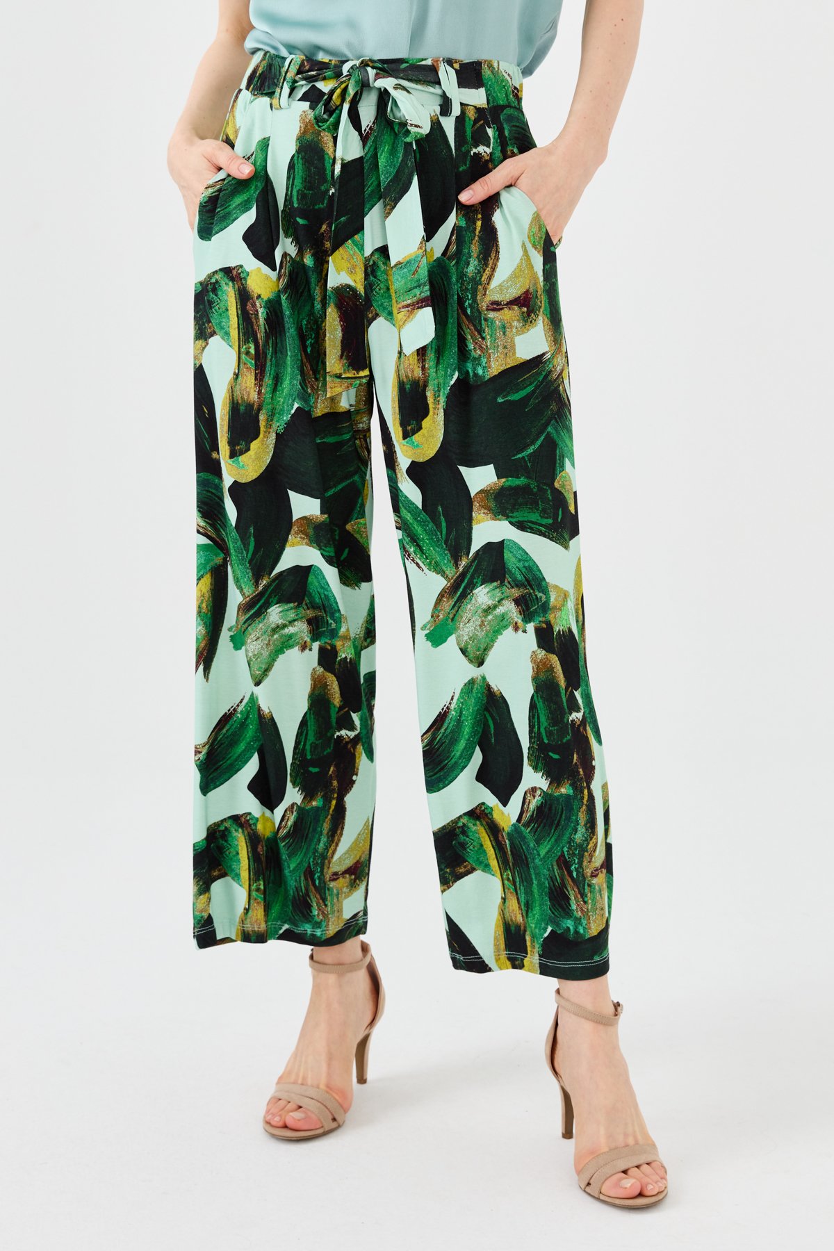 23723Kadın Karışık Desenli Bol Kesim Penye Pantolon Yeşil