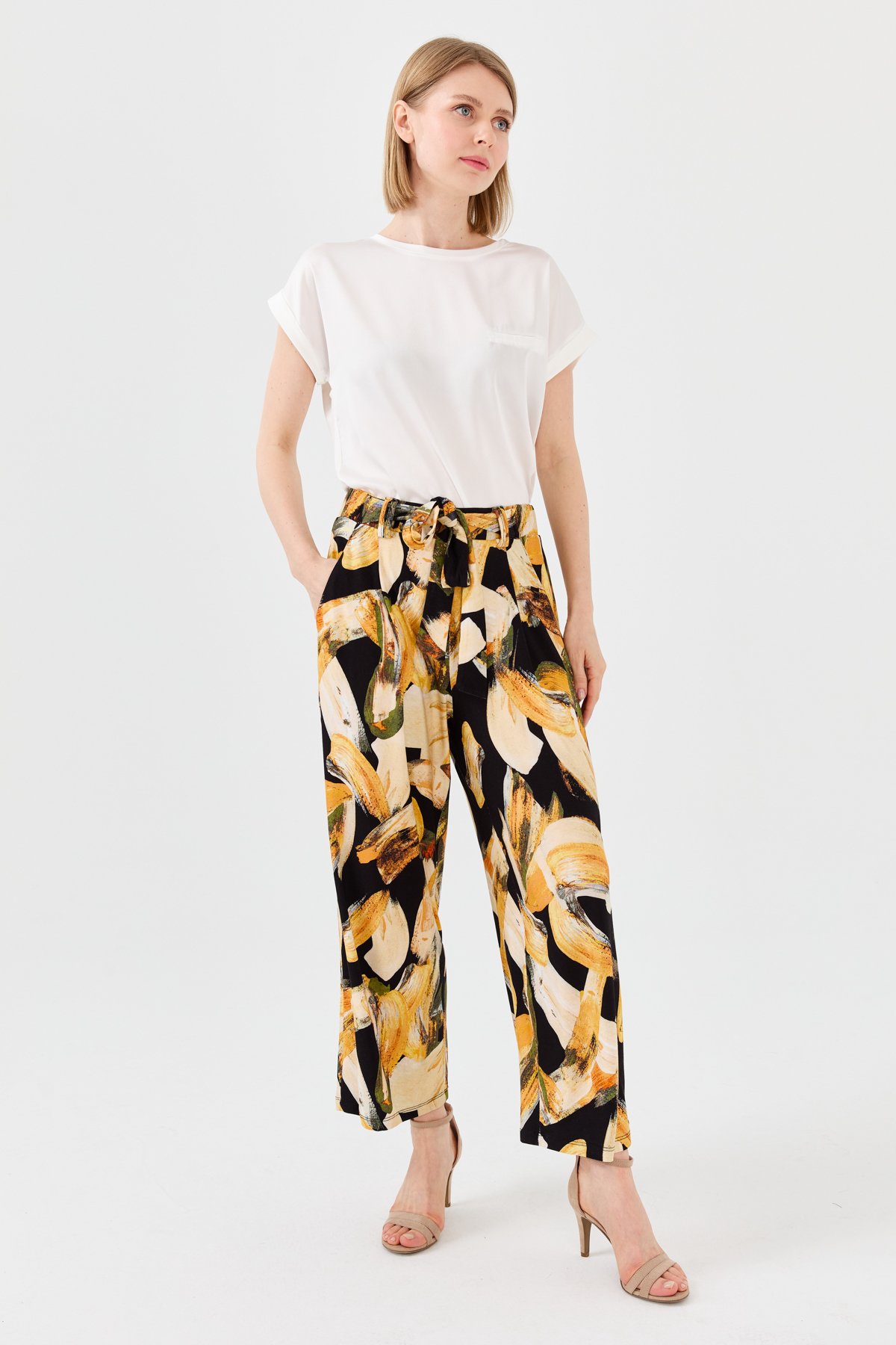 23723Kadın Karışık Desenli Bol Kesim Penye Pantolon Hardal