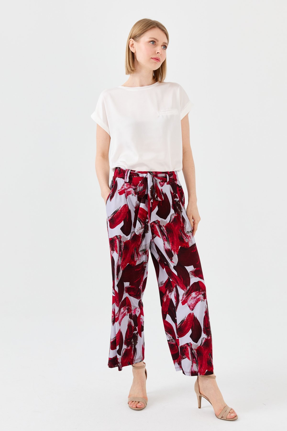 23723Kadın Karışık Desenli Bol Kesim Penye Pantolon Bordo