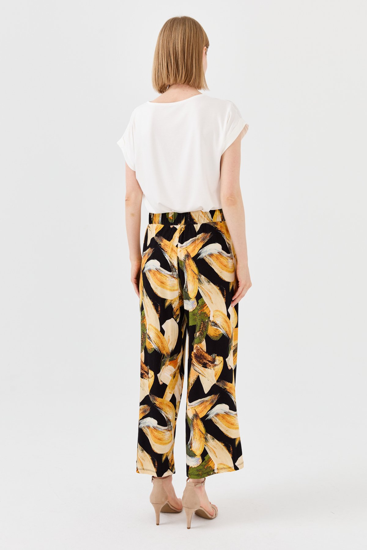 23723Kadın Karışık Desenli Bol Kesim Penye Pantolon Hardal