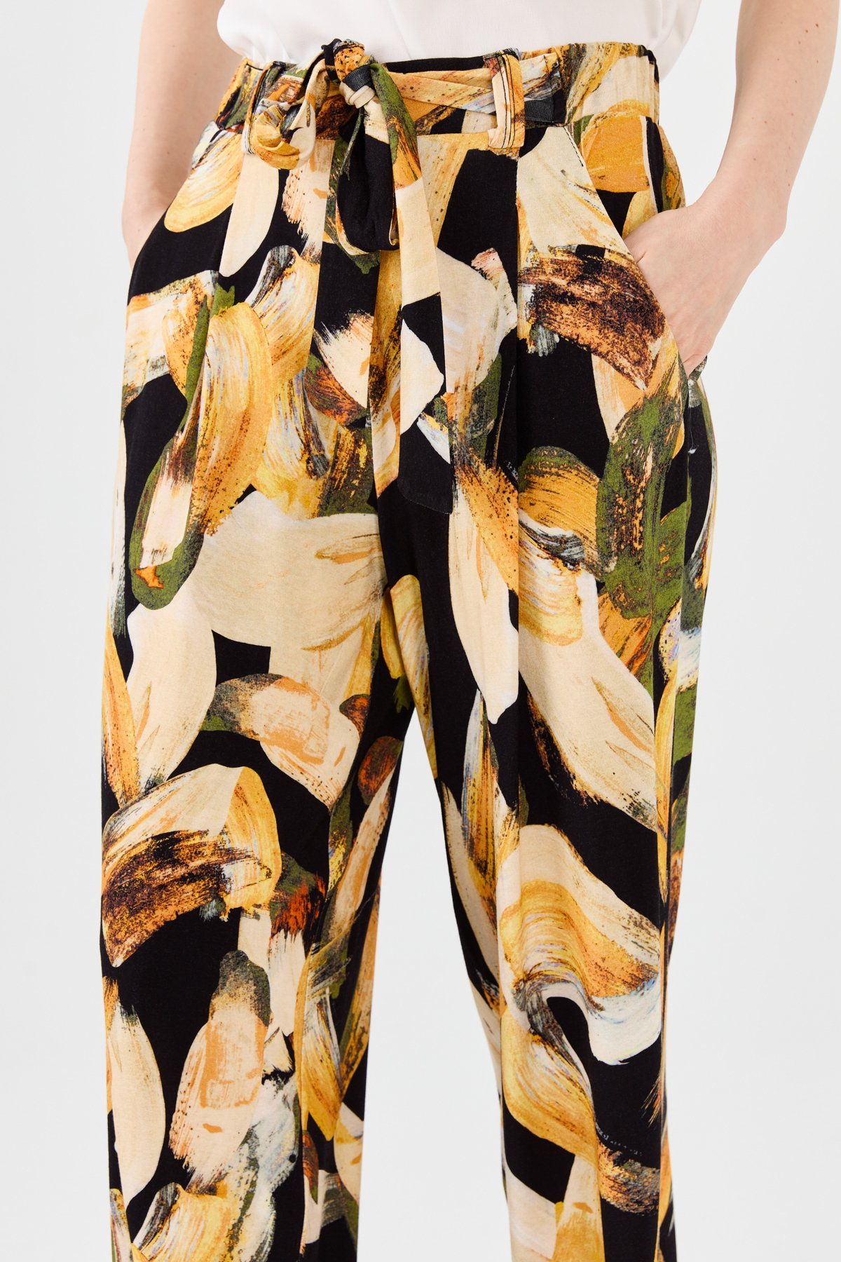 23723Kadın Karışık Desenli Bol Kesim Penye Pantolon Hardal