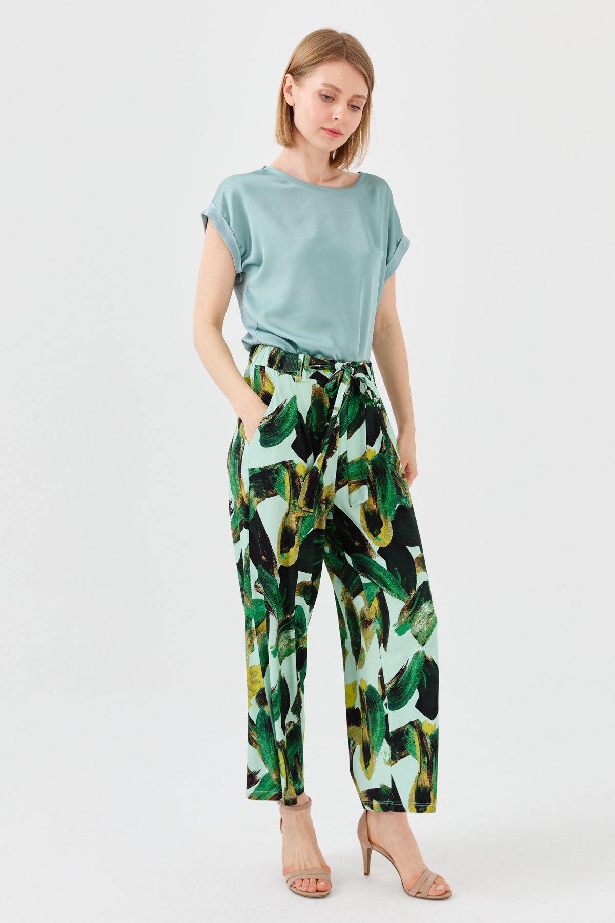 23723Kadın Karışık Desenli Bol Kesim Penye Pantolon Yeşil