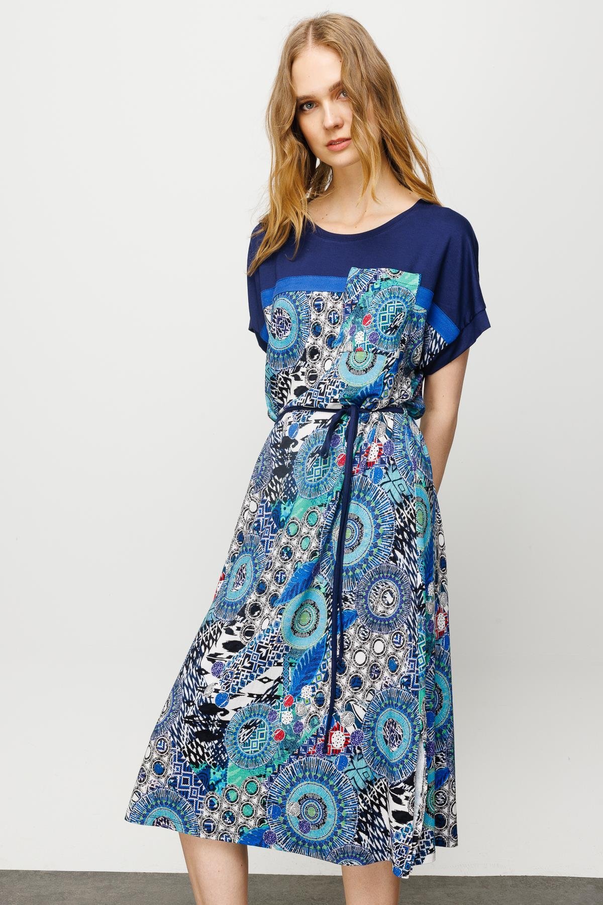 23728Kadın Karışık Desenli Düşük Kol Penye Elbise Lacivert