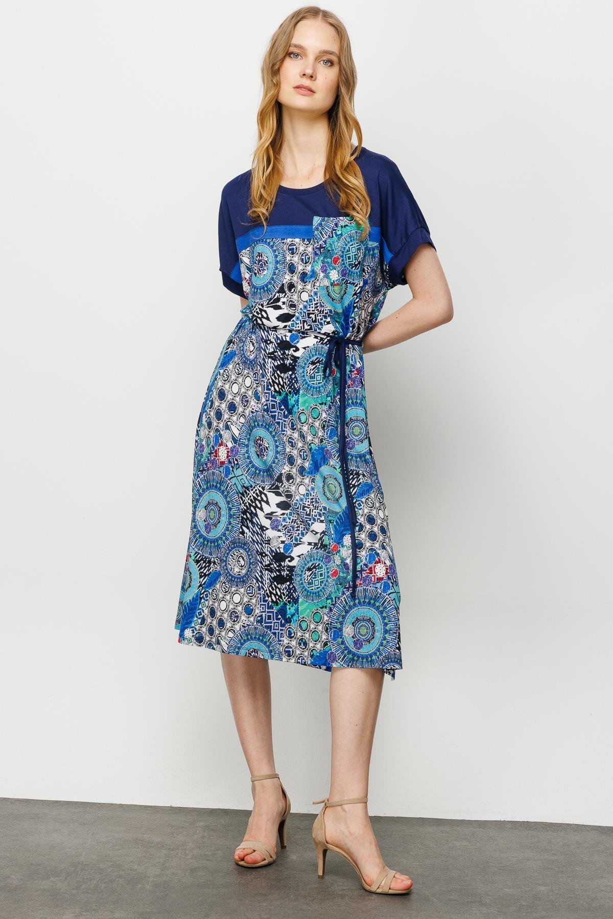 23728Kadın Karışık Desenli Düşük Kol Penye Elbise Lacivert