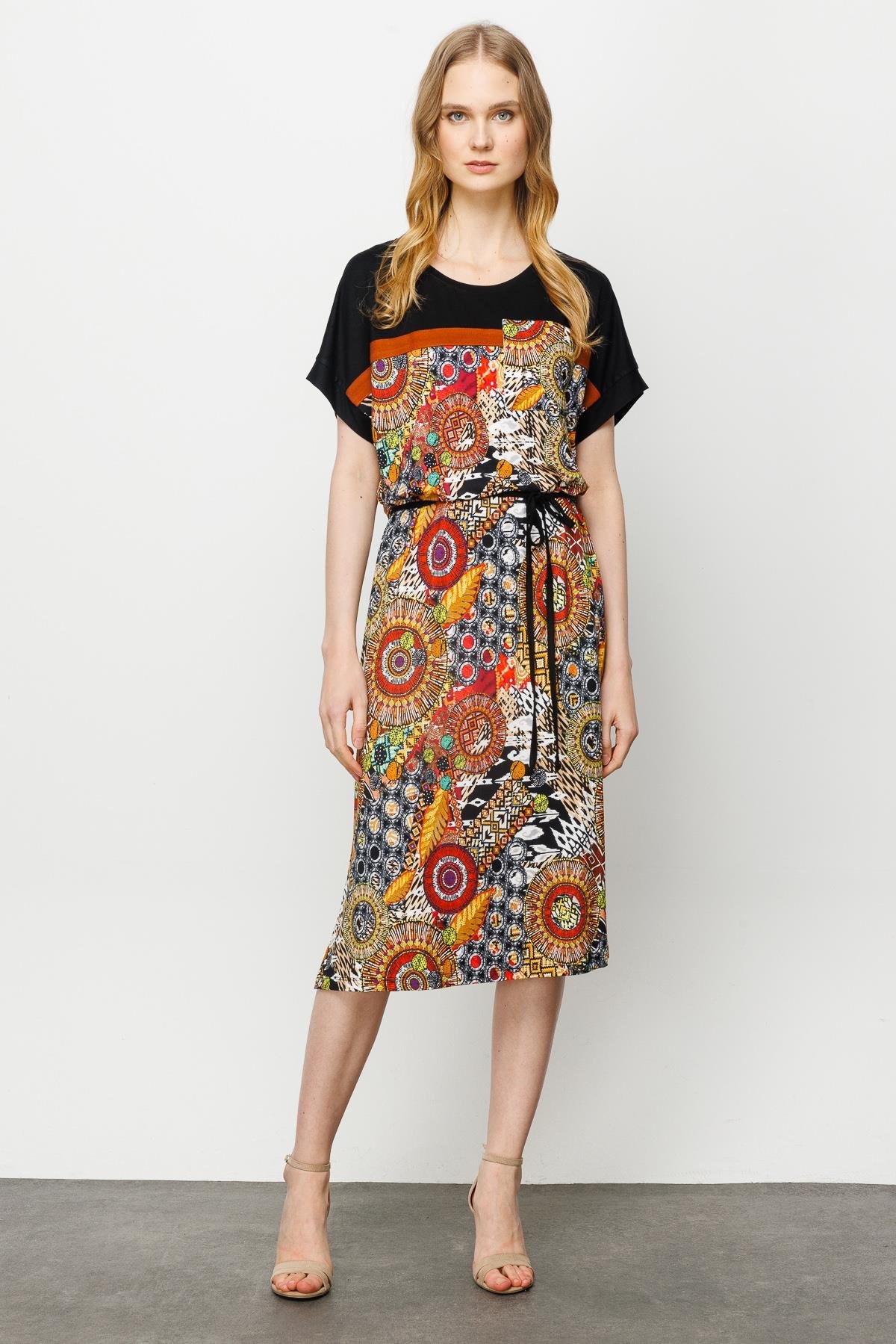 23728Kadın Karışık Desenli Düşük Kol Penye Elbise Siyah