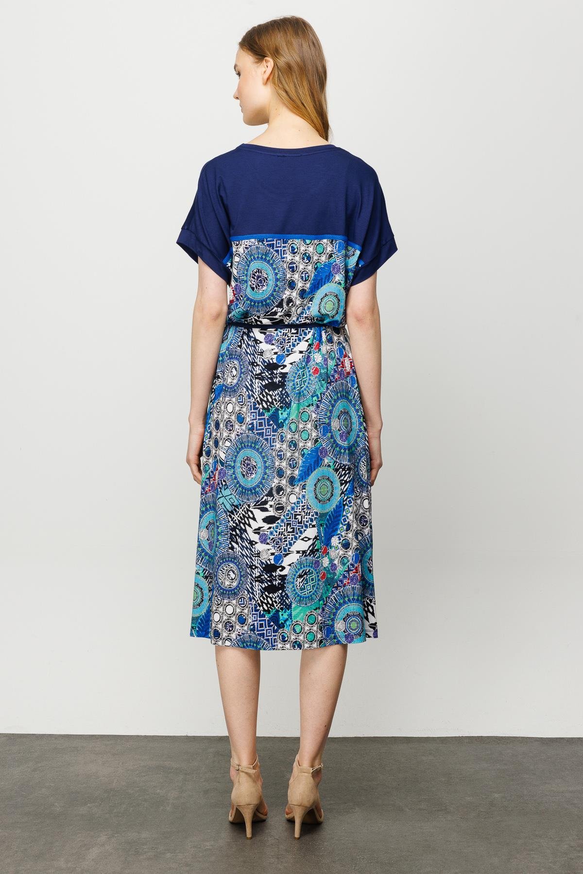 23728Kadın Karışık Desenli Düşük Kol Penye Elbise Lacivert