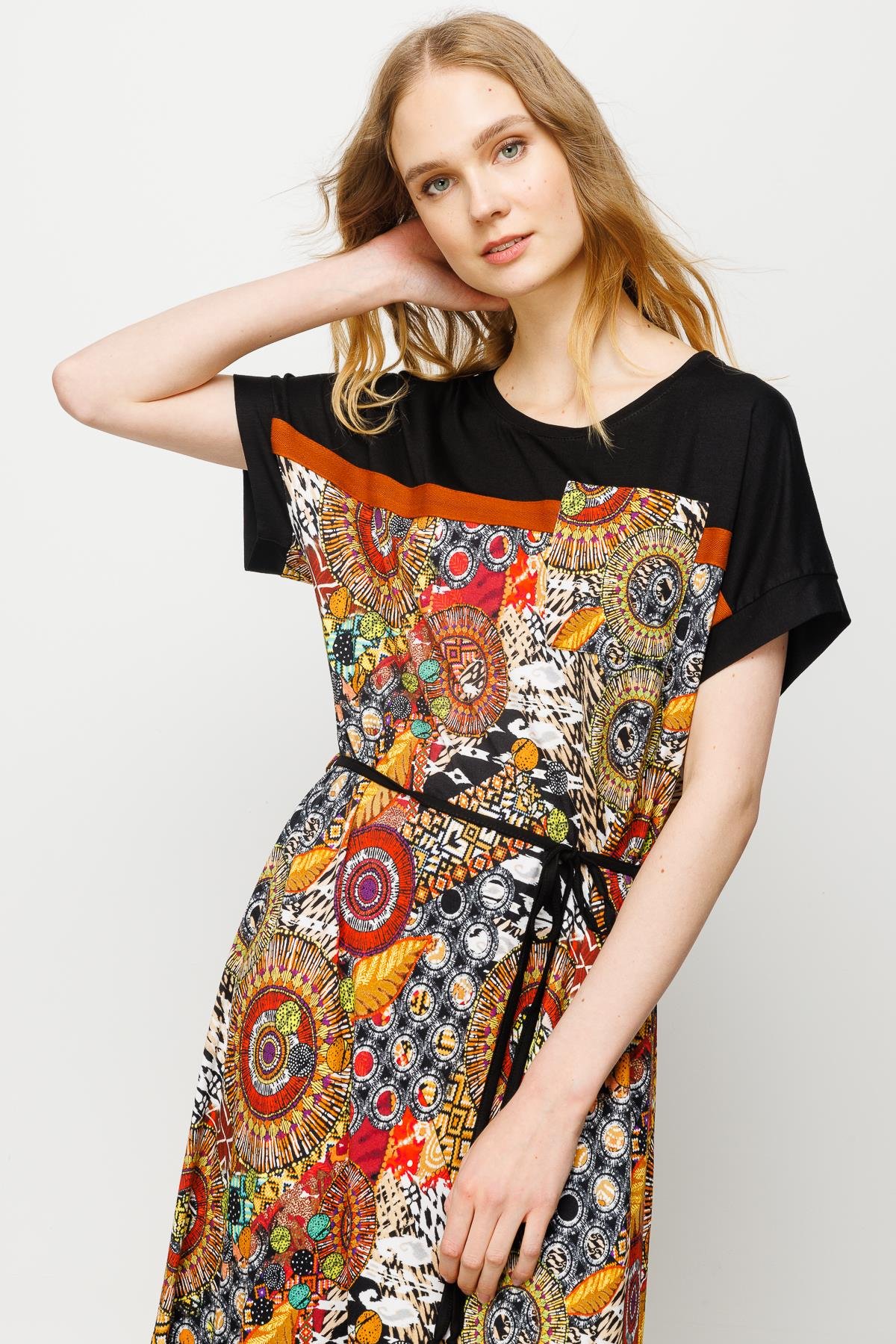 23728Kadın Karışık Desenli Düşük Kol Penye Elbise Siyah