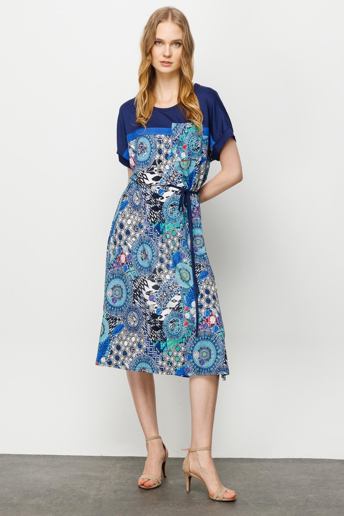 23728Kadın Karışık Desenli Düşük Kol Penye Elbise Lacivert