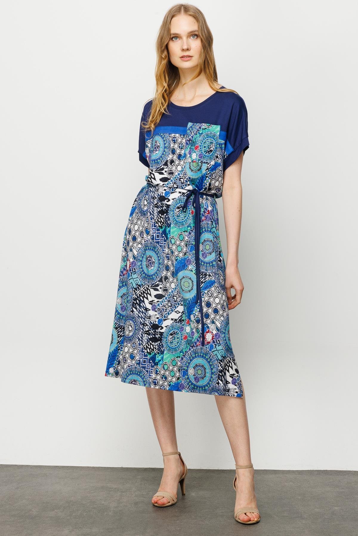 23728Kadın Karışık Desenli Düşük Kol Penye Elbise Lacivert