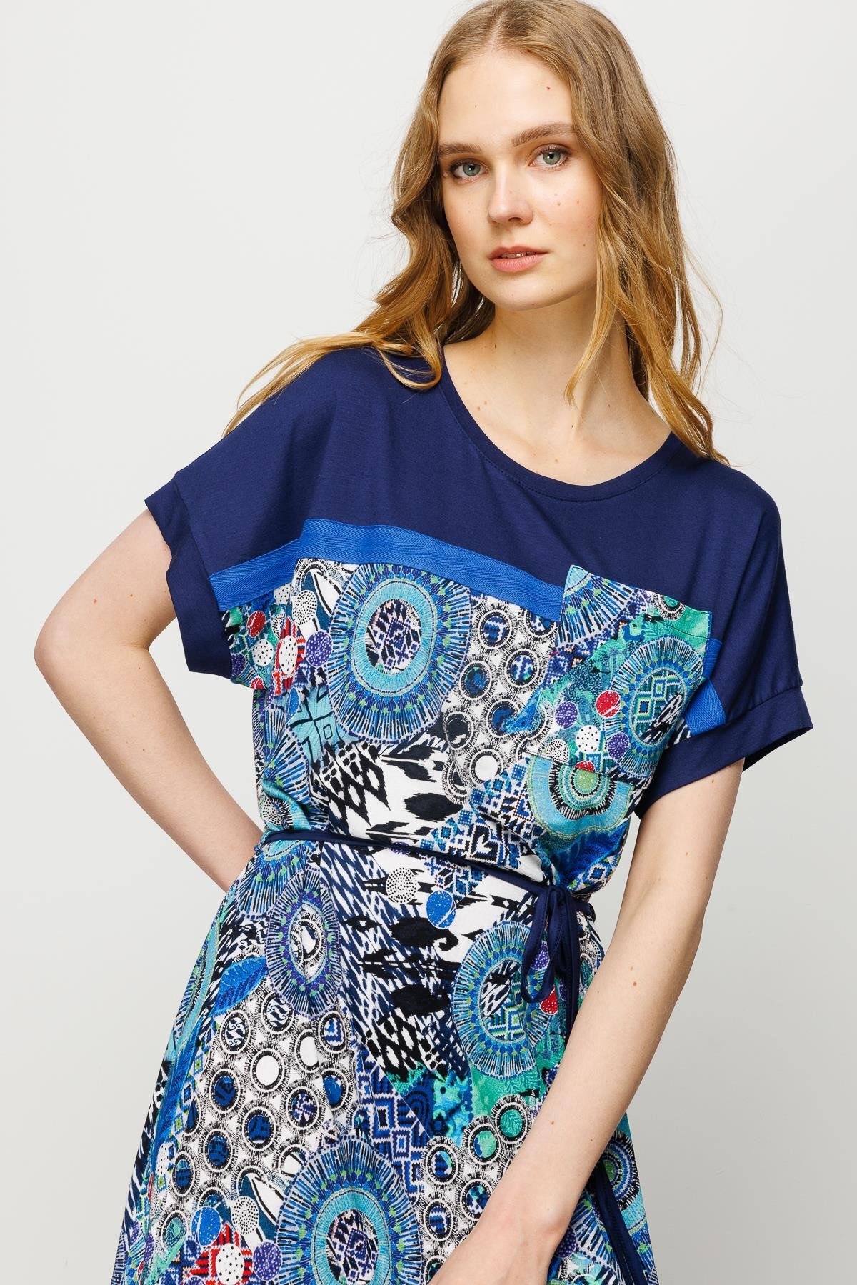 23728Kadın Karışık Desenli Düşük Kol Penye Elbise Lacivert